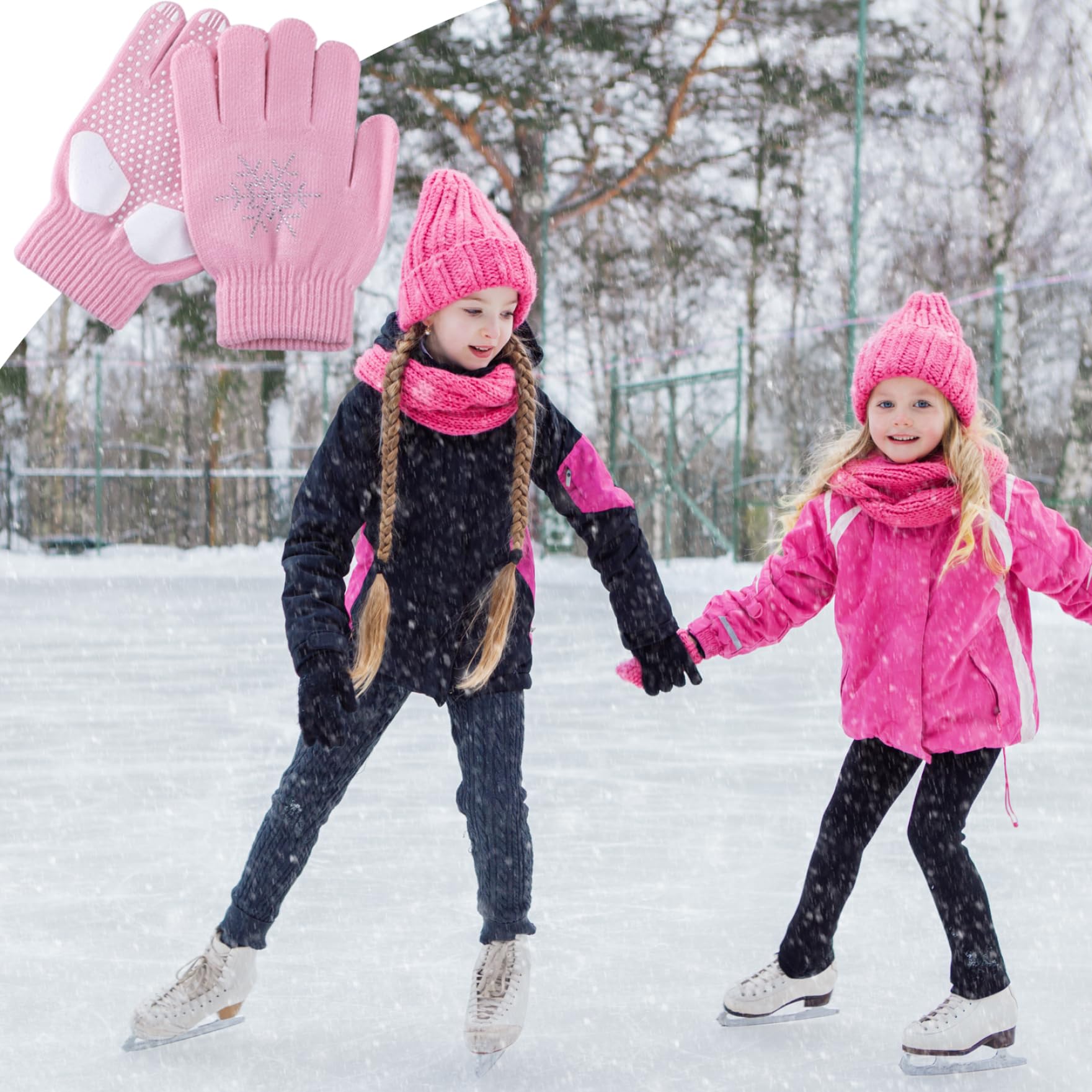 Eislauf Handschuhe für Kinder rutschfest dick gestrickt Eiskunstlauf Handschuhe mit Strass Schneeflocken warmes Winter Eislauf Zubehör für Radfahren Wandern S Fashion
