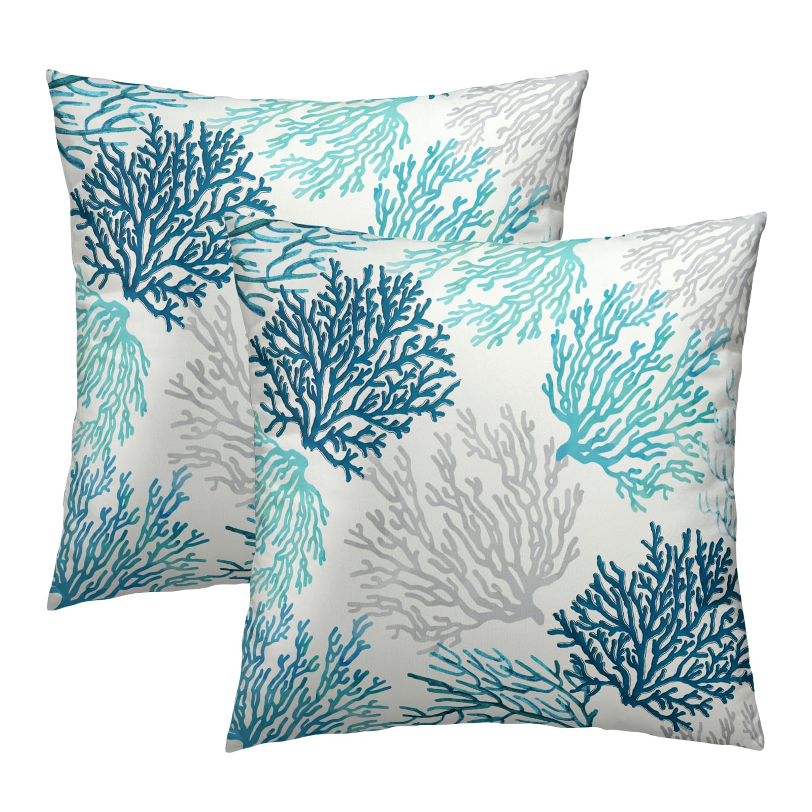 Mweet Summer Coastal Throw Pillow Cover 18x18 inch Set of 2, Teal Blue Coral Beach Ocean Themed Decorative Cushion Covers for Home Couch Bed Sofa