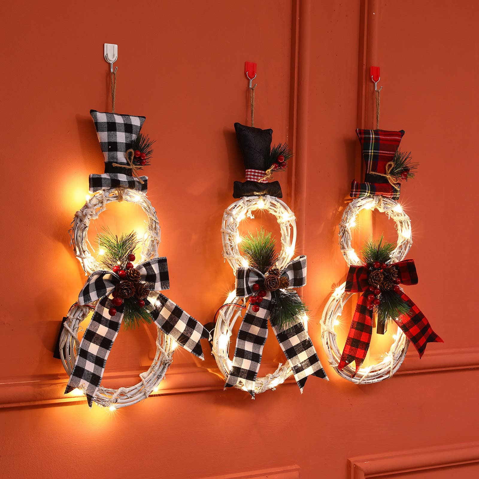 Ghirlanda di Pupazzo di Neve Natalizia a LED, Decorazione Ghirlanda Natalizia Illuminata, Ghirlanda con Cappello e Fiocco Ghirlanda a Forma di Pupazzo