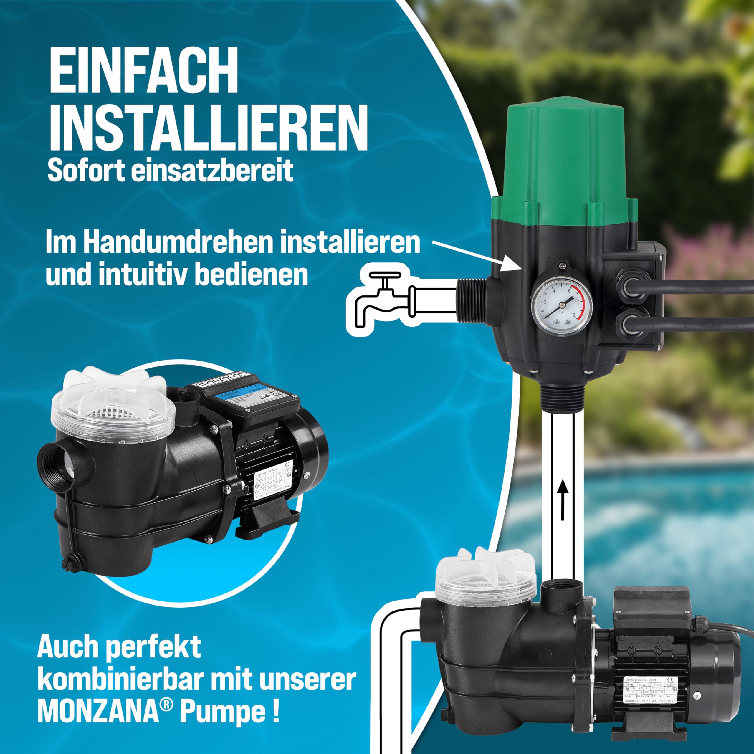 MONZANA® Pumpensteuerung Trockenlaufschutz 10 bar Druckschalter Hauswasserwerk Pumpendruckregler Pumpenschalter Druckwächter Baranzeige mit Kabel