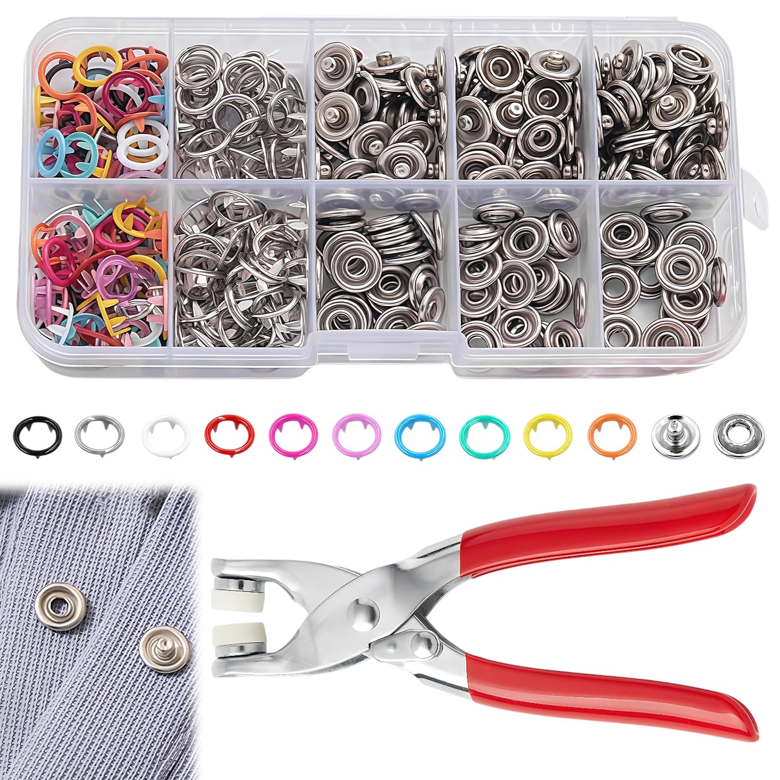 200 PCS 9.5mm Press Studs Snap Fasteners with Snap Plier & Box Kit, No Sewing, Stud Button Fastener Kit for DIY Crafts, Clothing, Bags (Silver+ Color)