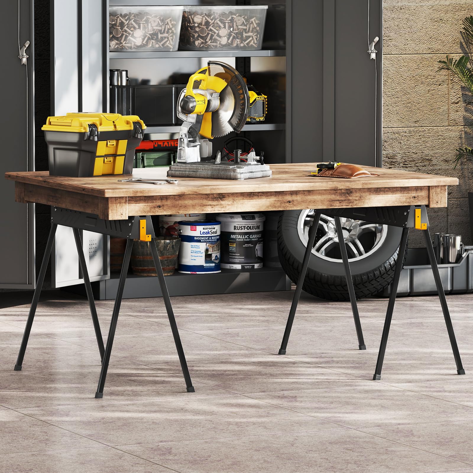 GYMAX Chevalets de Sciage de Bois Pliable, Lot de 2 Tréteaux avec 4 Bras de Soutien, Charge Max.1000KG, Portable avec Poignée, pour Menuisiers, Charpentiers