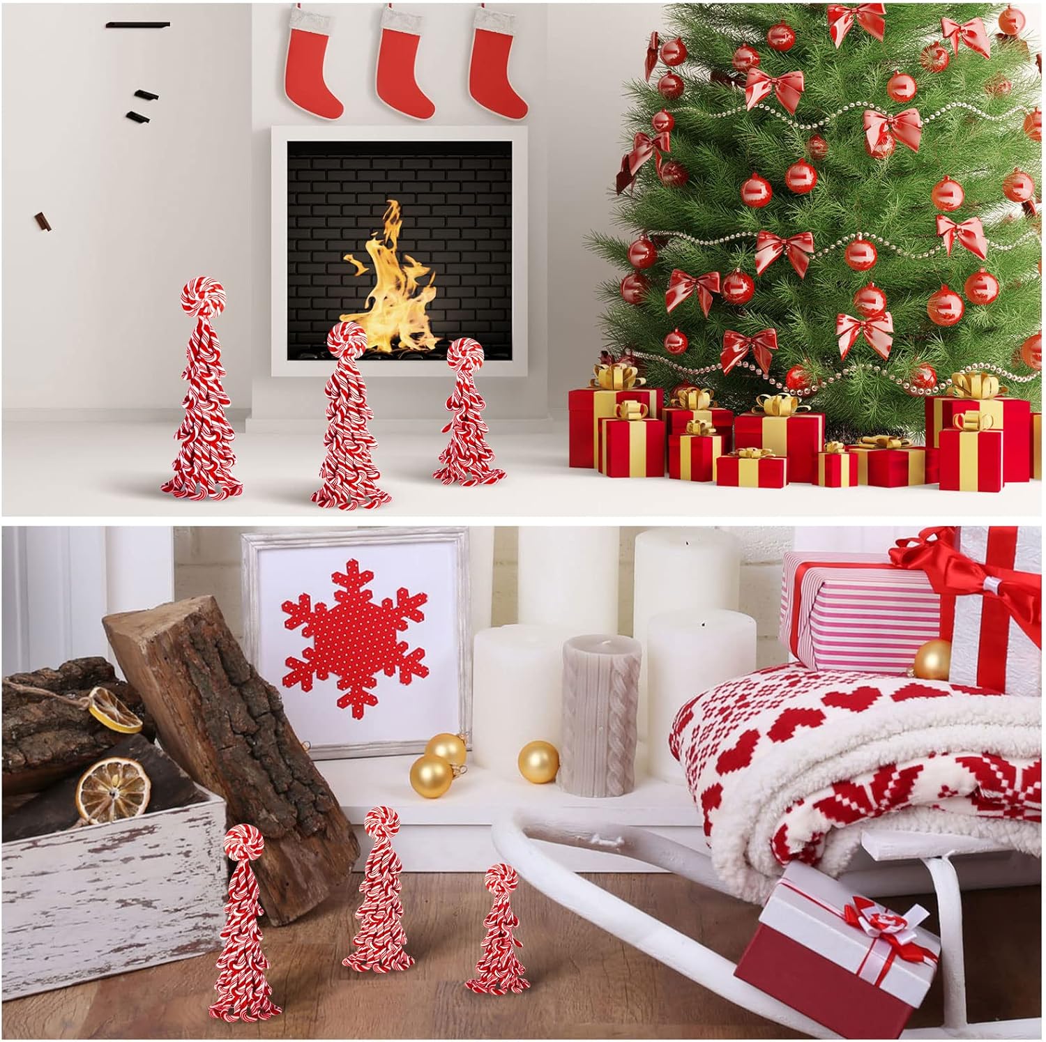 3 Pieces Christmas Ribbon Candy Tabletop Tree Decoration Resin Clay Peppermint Candy Cane Christmas Tree Stripes Candy Decor for Table Centerpiece (Red and White Check)