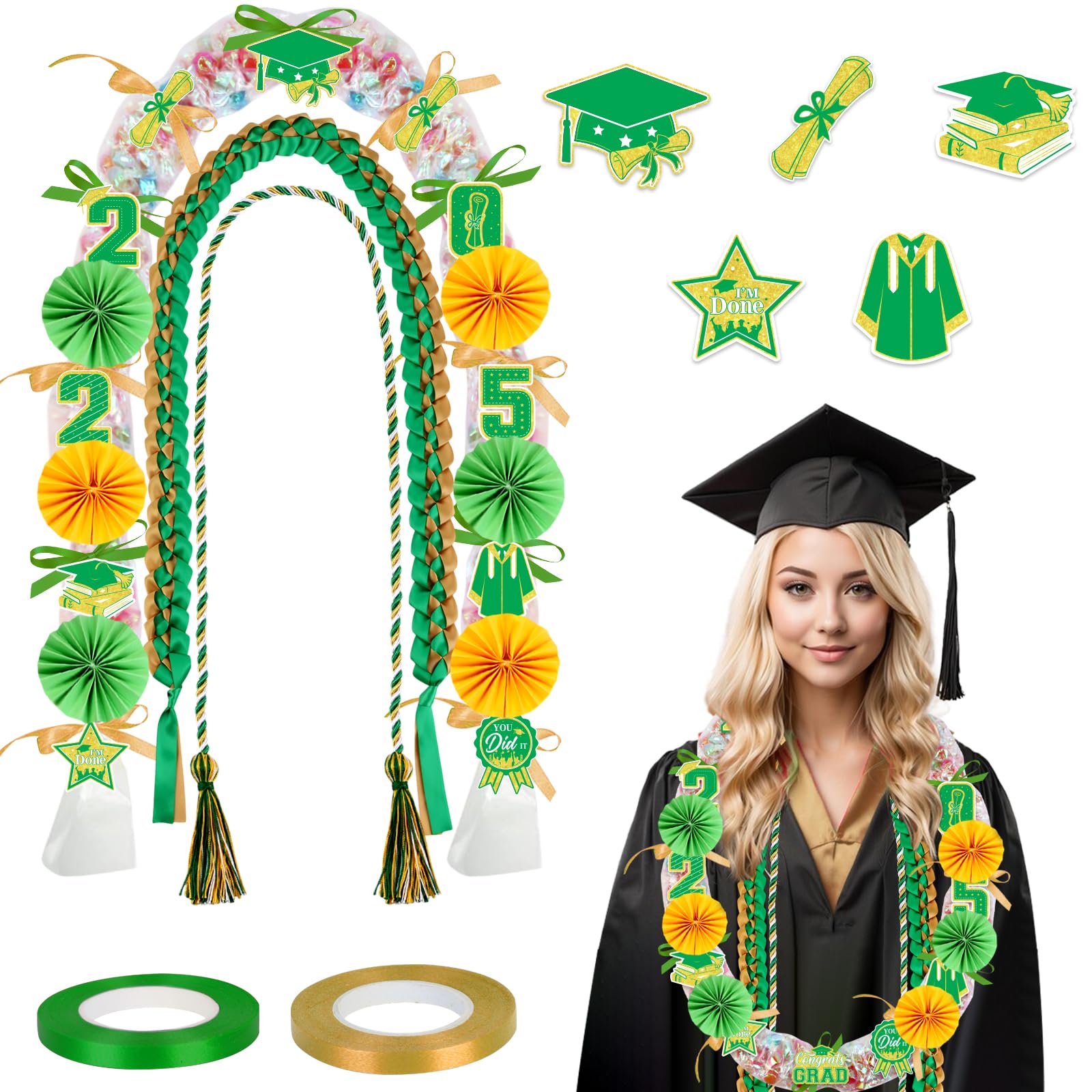 CORNER LACE 77PCS Graduation Leis Kit Hawaiian Congrats Grad Candy Making Leis Ribbon Lei Including Honor Cord Decoration Cards Paper, Grad Gift Party Favors for Class of 2025 Student (Green Gold)