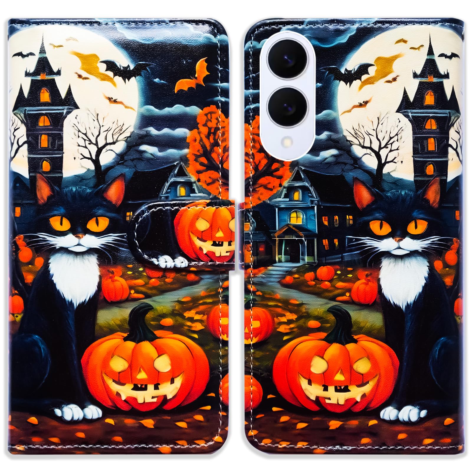 Beaucov RFID Safe Case for Galaxy S25 Edge,RFID Blocking,Halloween Cat Pumpkin Bat Leather Flip Phone Case Wallet Cover with Card Slot Holder