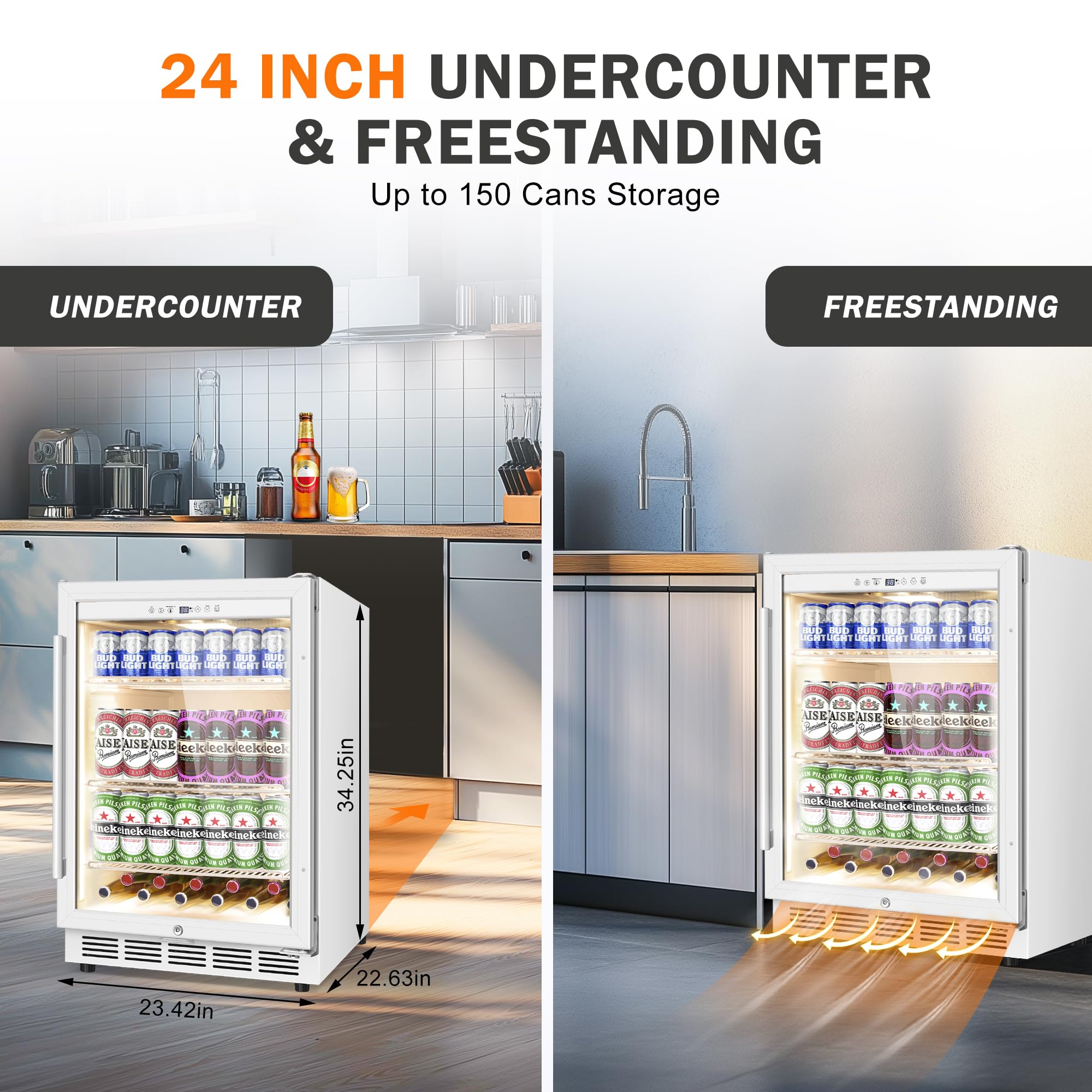 Velieta Beverage Refrigerator 24 Inch Drink Fridge, Beer Fridge, 150 Cans Beverage Cooler, Under Counter Refrigerator, Drink Cooler Undercounter Outdoor Refrigerators, Single Glass Door Bar Fridge on Fridge.com - View 4