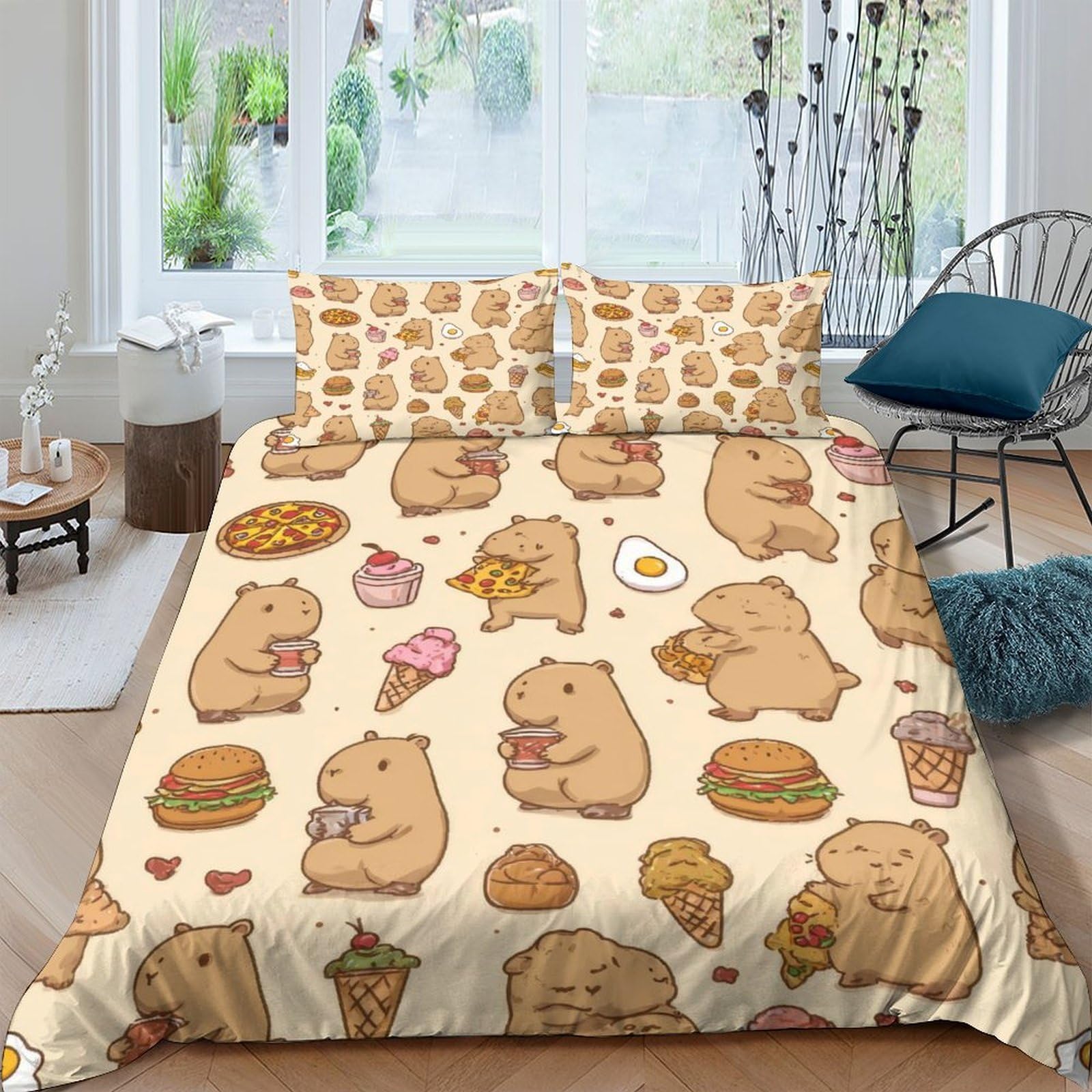 Ctjqhvkz Style-7 3D Printed Cartoon Capybara Fitted Sheet Microfiber Soft Yellow Ice Cream Burger Bed Cover For Bedroom Dorm Mattress Protection Single（135X200cm）
