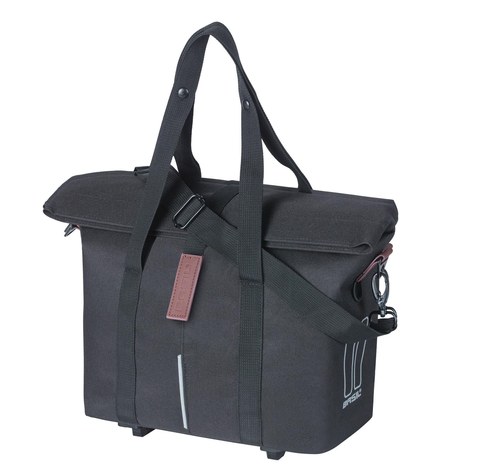 Basil City MIK Bicycle Handbag, 8-11L, Black, Water-Repellent, Includes Lockable MIK & KF System, Pannier Rack Hook for Versatile Attachment