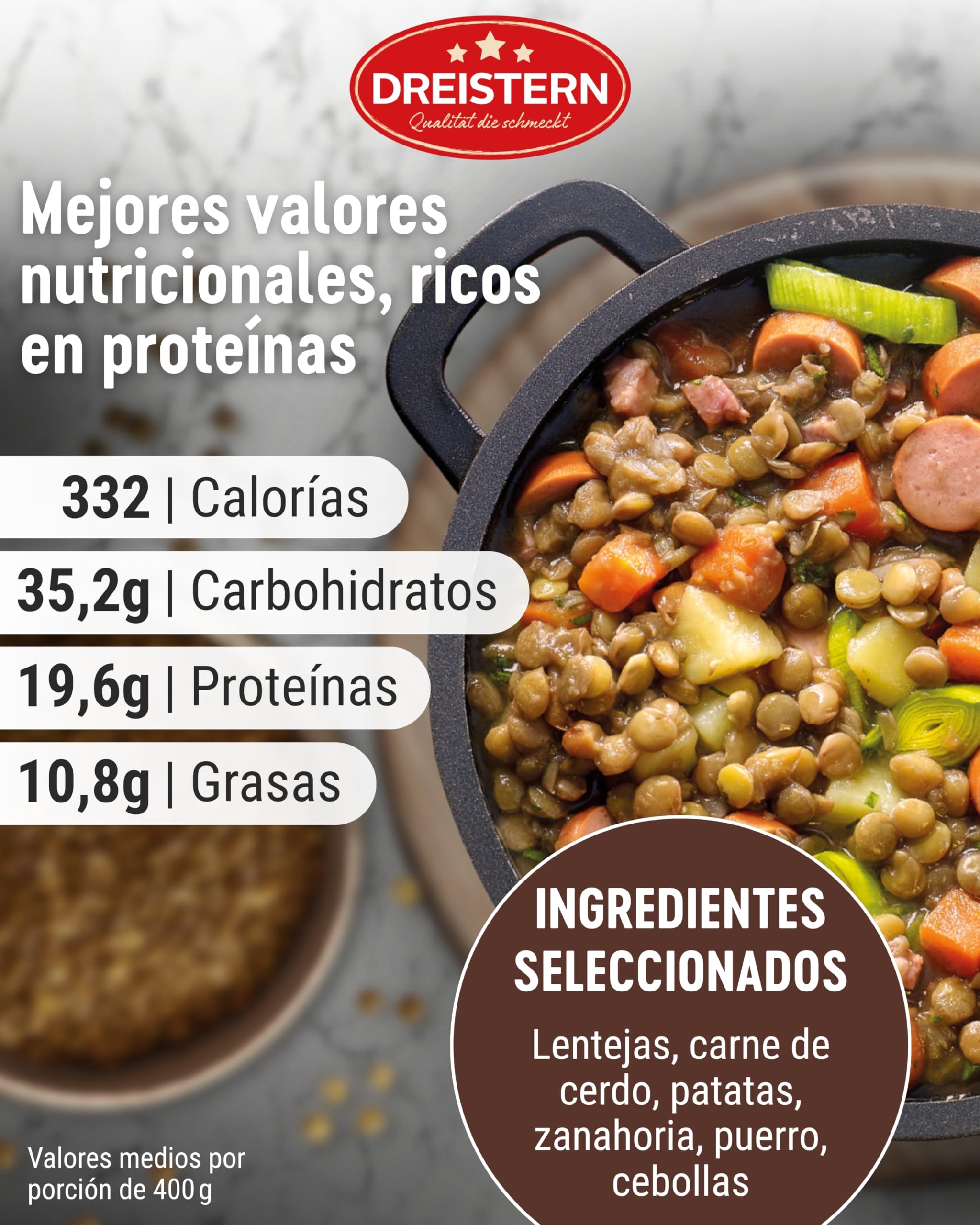 DREISTERN Guiso de lentejas 400 g I Con salchichas vienesas & verduras I Estofado sabroso en lata reciclable I Larga duración gracias a la conservación natural I Calidad casera