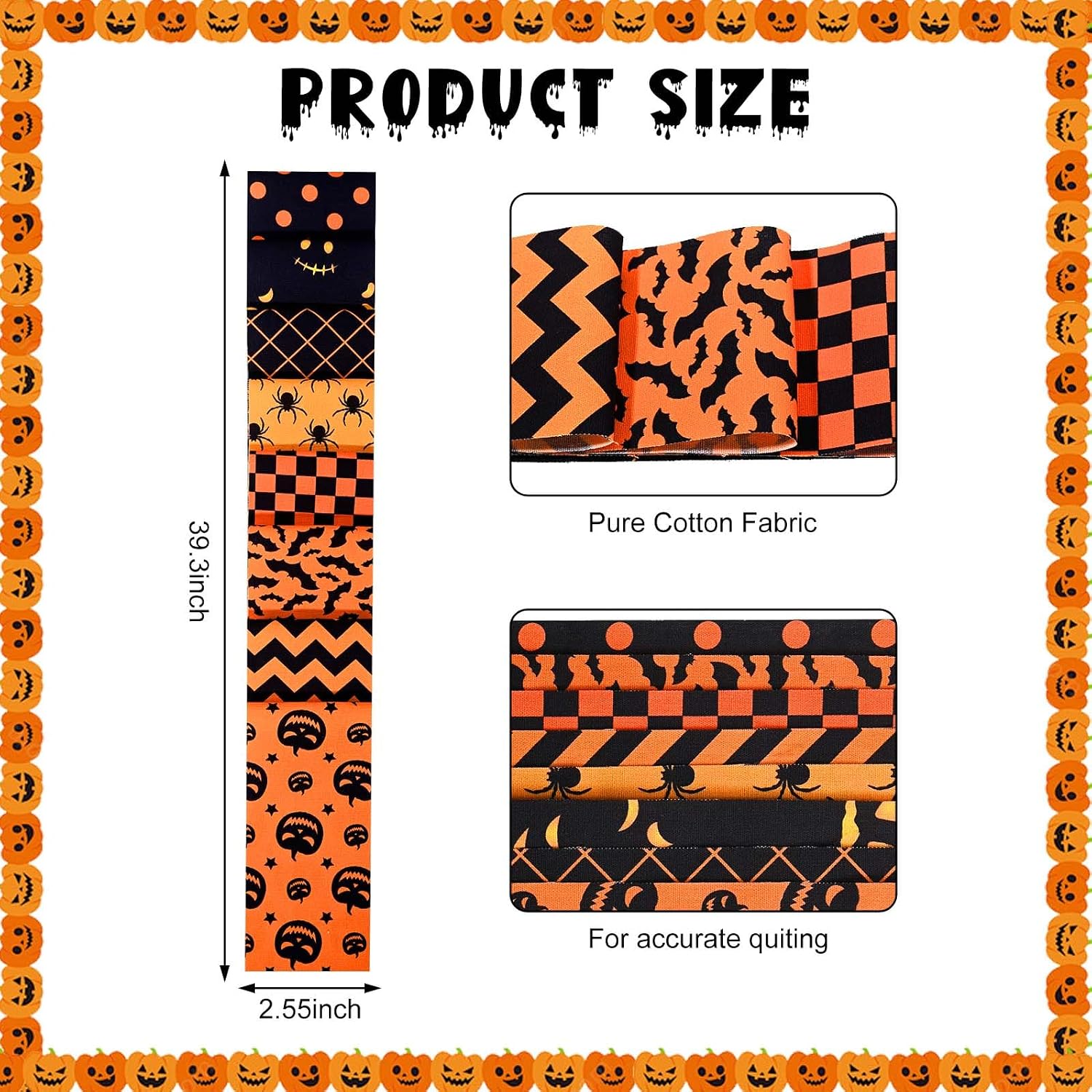 40 Pcs Orange Black Halloween Cotton Jelly Fabric Strips Pumpkin Spider Ghost Bat Fabric Strips for Quilting Crafting Precut Patchwork for Halloween Sewing DIY Crafts Decor