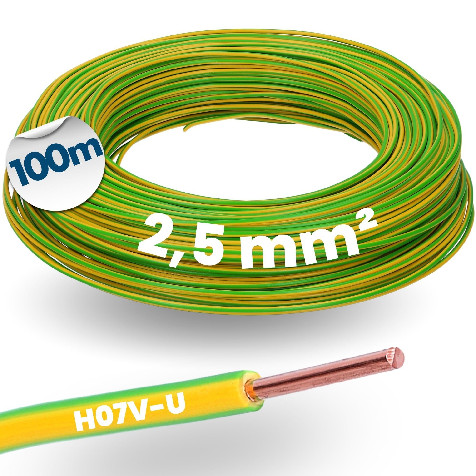 Kalitec 100 m H07V-U 2,5 mm² Cable de Tierra Verde-Amarillo para Cuadros | Hilo de cobre rígido de un solo núcleo, aislamiento de PVC retardante de llama y apto para instalación en tubos y yeso