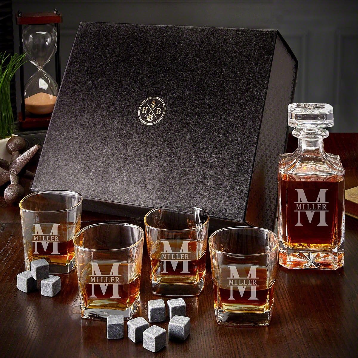 Engraved Whisky Decanter Set with Luxury Box - 7pc OakmoEngraved Whiskey Decanter Set with Luxury Box – 7-Piece Oakmont Design for Whiskey Lovers, Gift for Men, Home Bar Accessories
