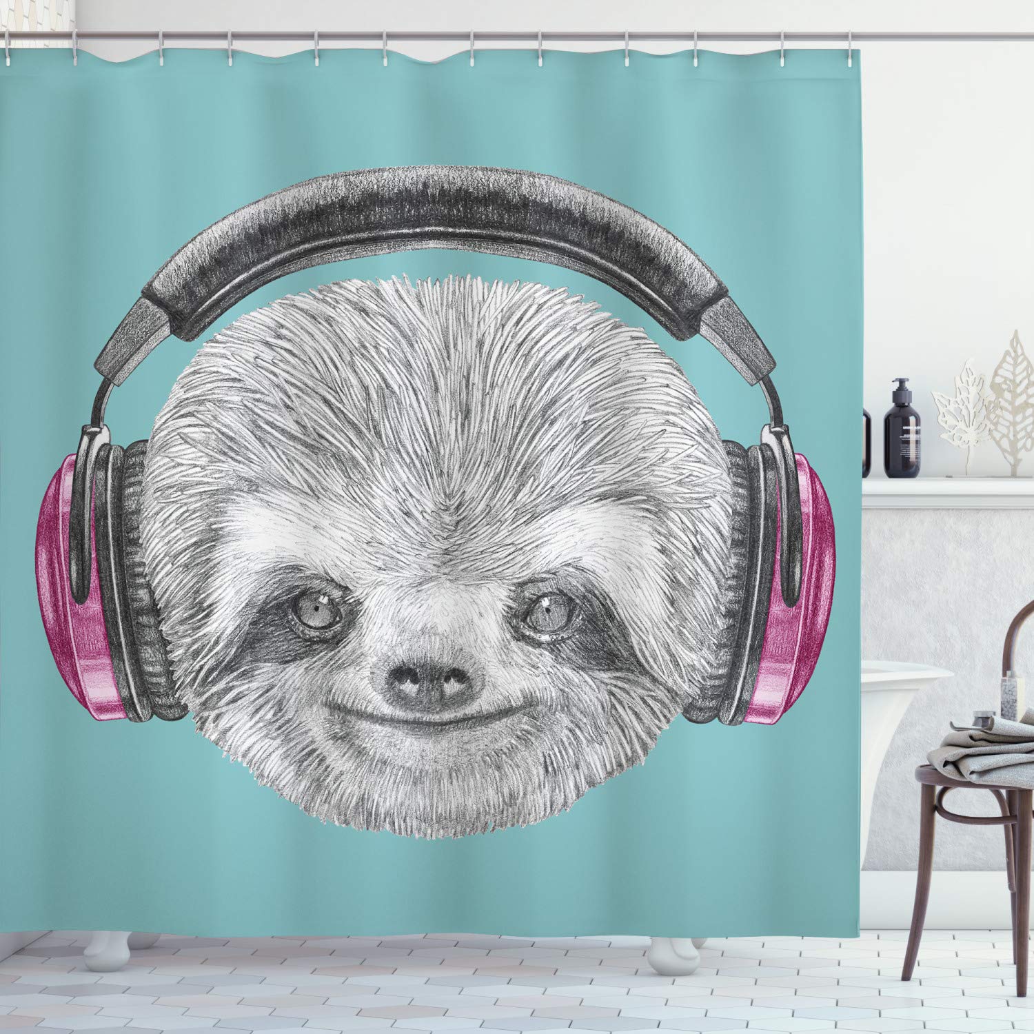 ABAKUHAUS Sloth Shower Curtain, DJ Animal Portrait Headphones Funny Modern Character Cool Smiling, Cloth Fabric Bathroom Decor Set with Hooks, 86" Inches, Teal Grey Fuchsia — image 1