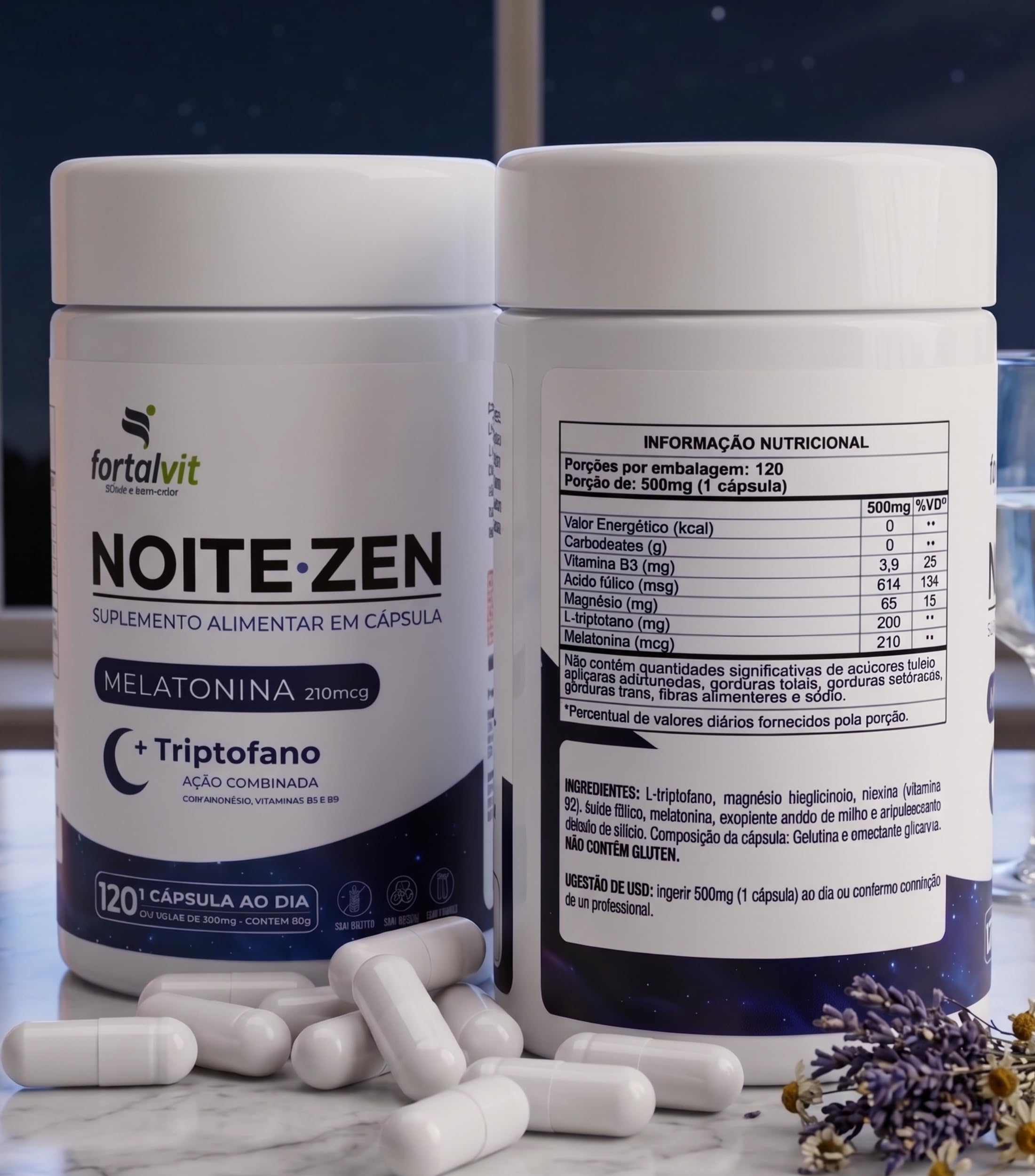 NOITE.ZEN Melatonina 0,21 mg, L-Triptofano, Magnésio, Vitaminas B3