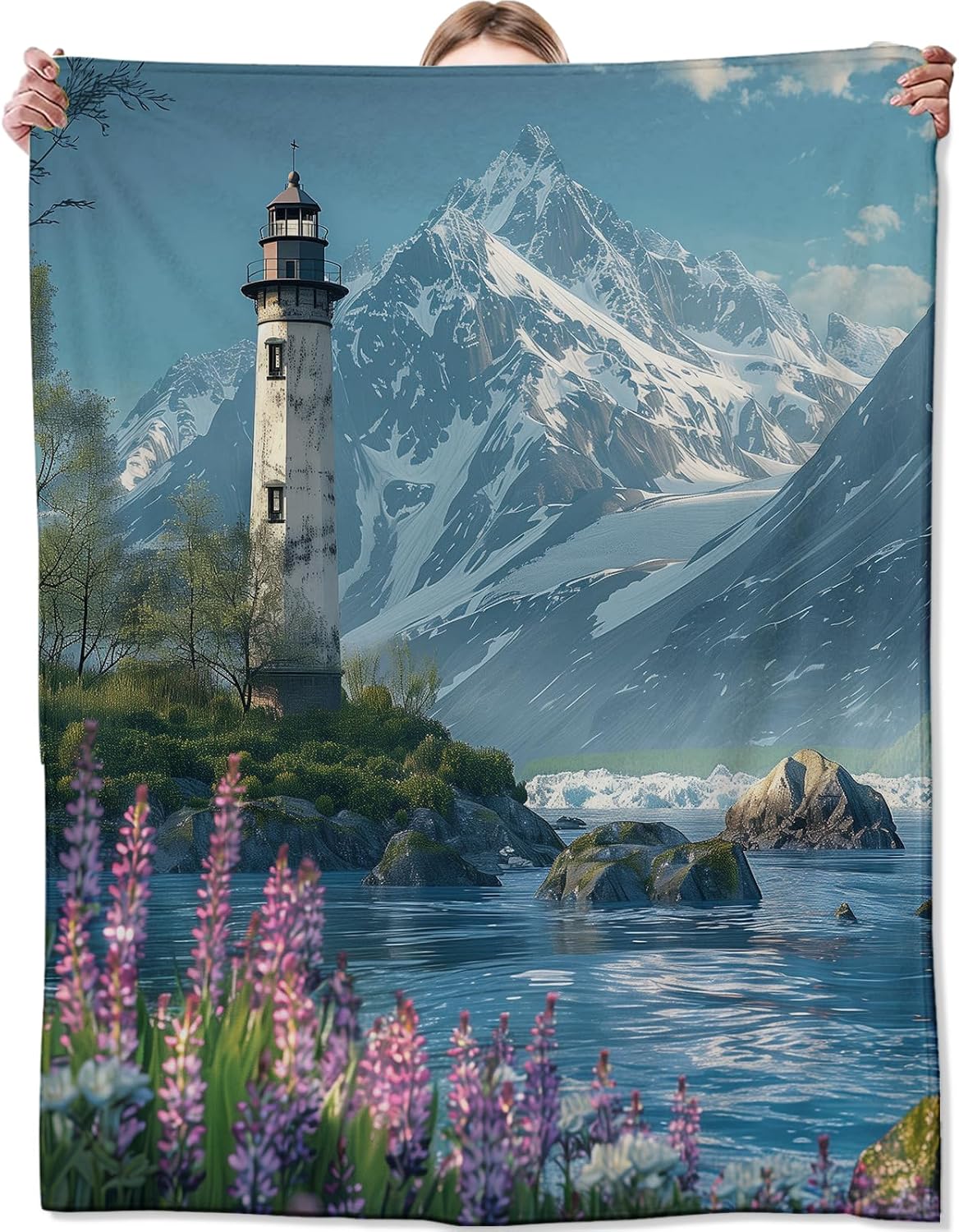 Lighthouse Blanket,Gifts for Nature Lovers,Lightweight Flannel Throw Blankets,Realistic Mountain Lake View and Wildflower Throws Home Decor,for Couch Living Room Office,60x50inch