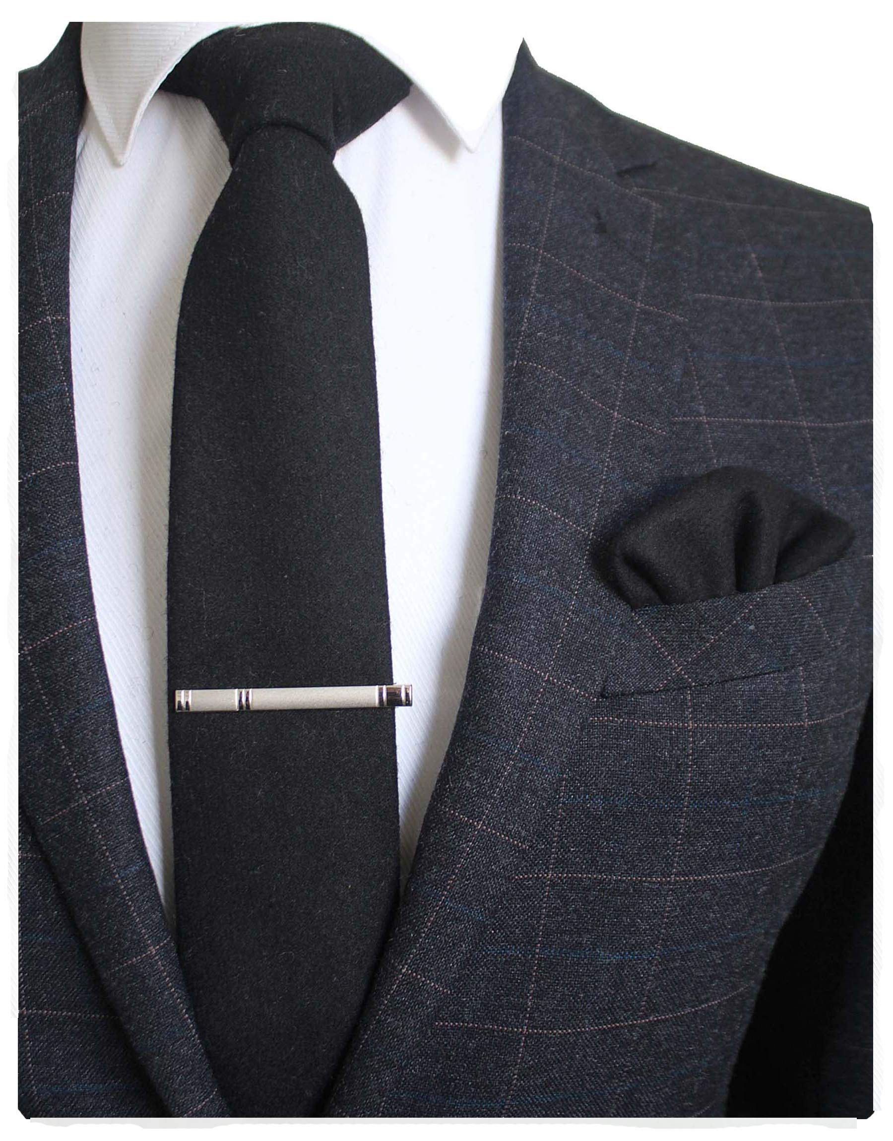 Corbata de lana de cachemira de color sólido y clip de corbata cuadrado de bolsillo para hombres, Negro - 2