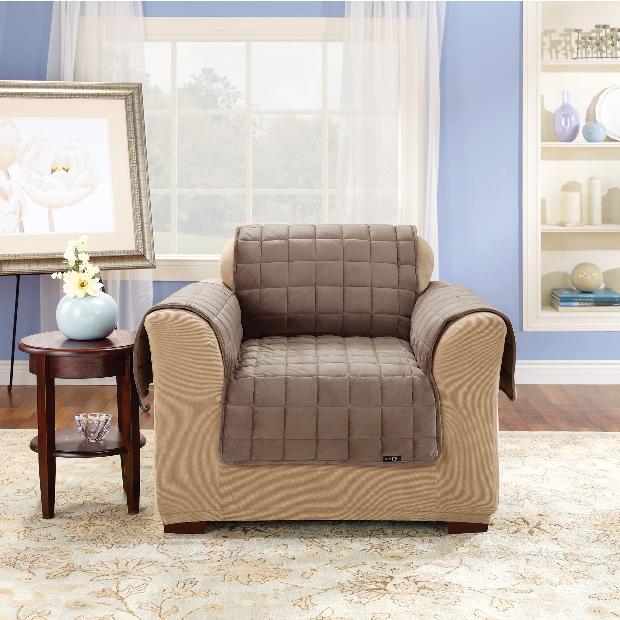 SureFit Home Décor Deluxe Quilted Furniture Throw Pet Chair Cover, Relaxed Fit, Polyester, Machine Washable, Sable