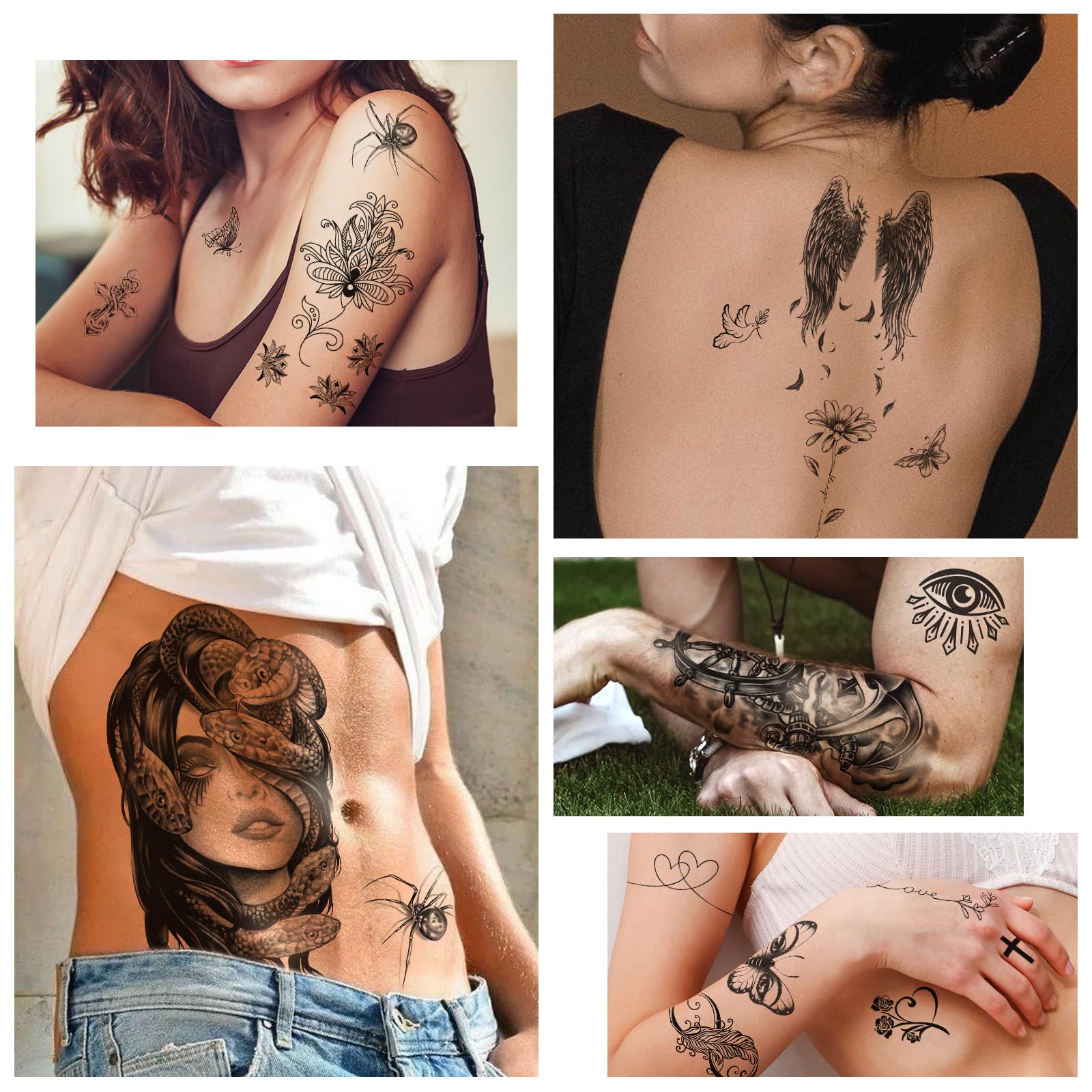 77 hojas de tatuajes temporales impermeables para niñas o niños, 17 hojas más grandes, medio brazo, león, lobo, búho, alce, serpiente, mariposa, rosa, tatuajes falsos para hombres o mujeres y 5