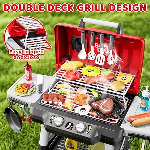 Miniatura 2 de Juguetes de cocina para niños, juego de parrilla BBQ para niños, juguete de barbacoa de 2 niveles con ruedas, sonido de humo y luz, juego de
