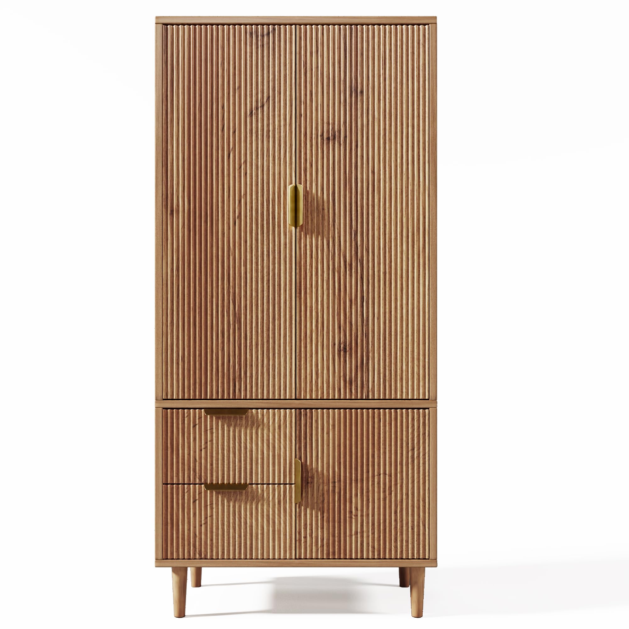 Armario 80 x 50 x 177 cm, aspecto de roble, madera con ranuras 3D, 3 puertas, 2 cajones, con barra para colgar y asas doradas