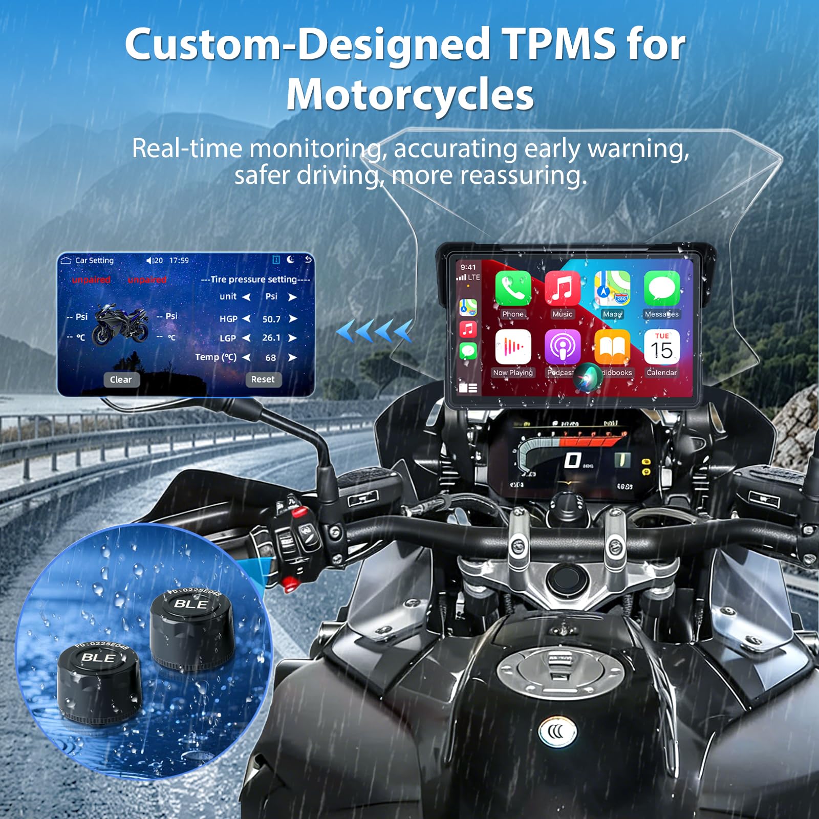 Vtopek 7" Carplay Moto Écran avec TPMS & 2 Options d'alimentation (USB/ACC) | Sans fil Carplay Android Auto, Navigation GPS Moto, IP67 Étanche, Double-Bluetooth, Commande Vocale, Pour Toutes les Motos