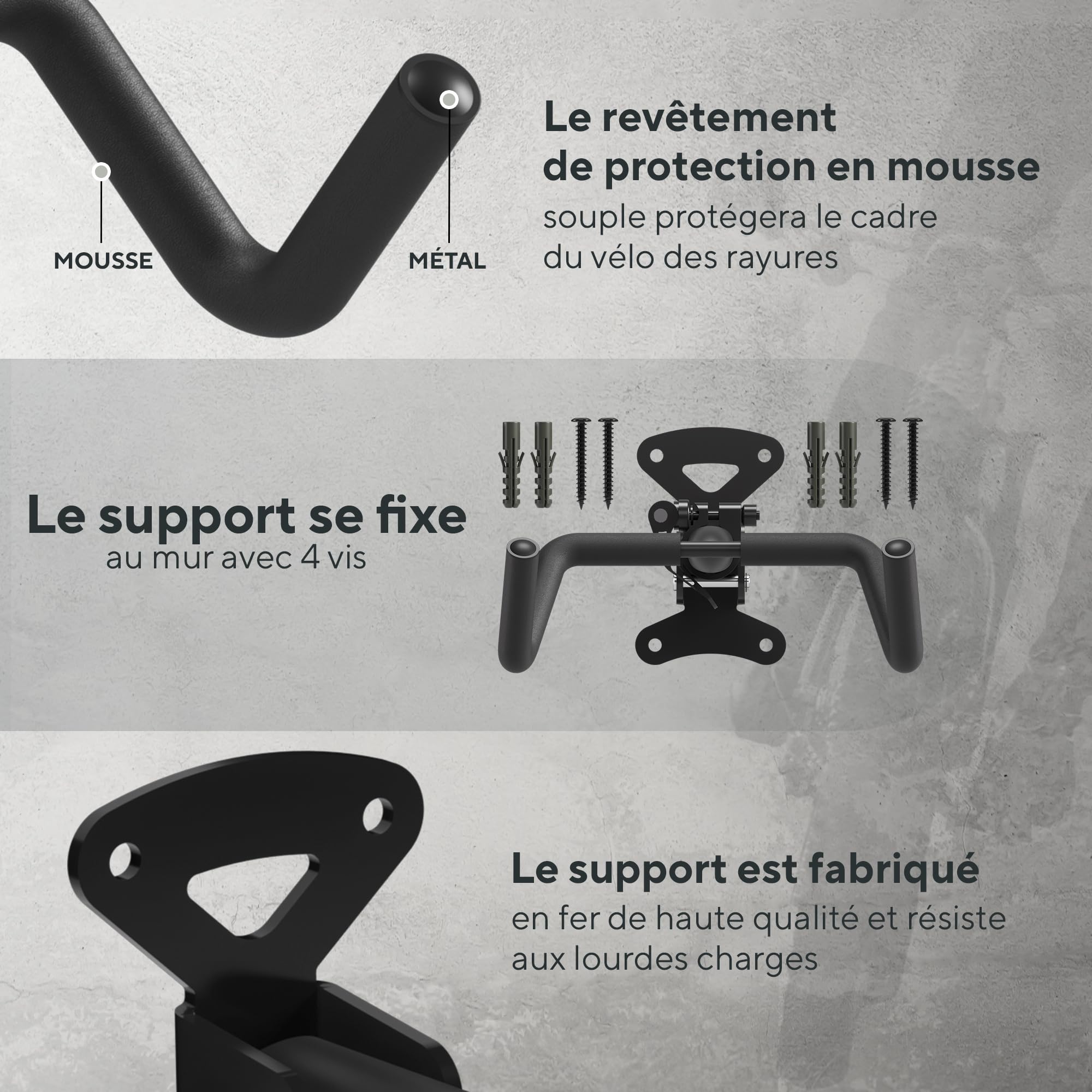 Support Velo Mural Horizontal Pliable – Porte Velo Mural pour E-Bike, VTT, Gravel et Route Jusqu’à 25 kg | Support Vélo Garage, Cave, Appartement avec Protection Cadre