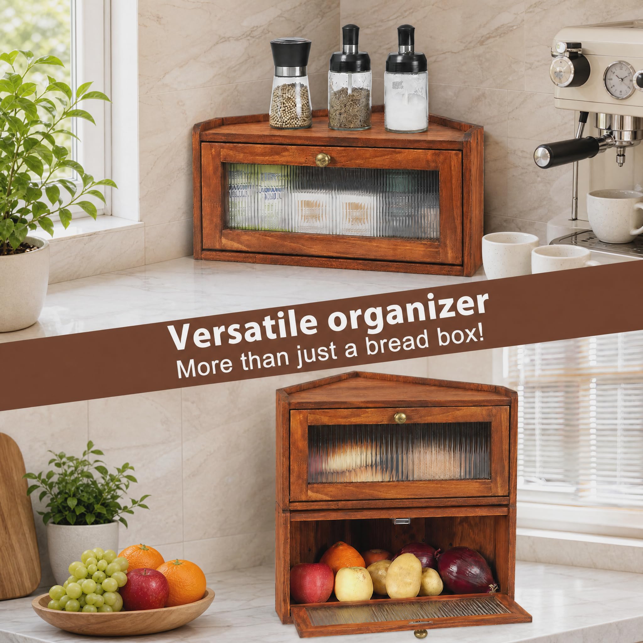 Sunhoo Caja de pan para encimera de cocina, caja de pan de esquina de madera, contenedor de almacenamiento de alimentos, contenedor de almacenamiento de alimentos, rústico, casero, pan, fresco