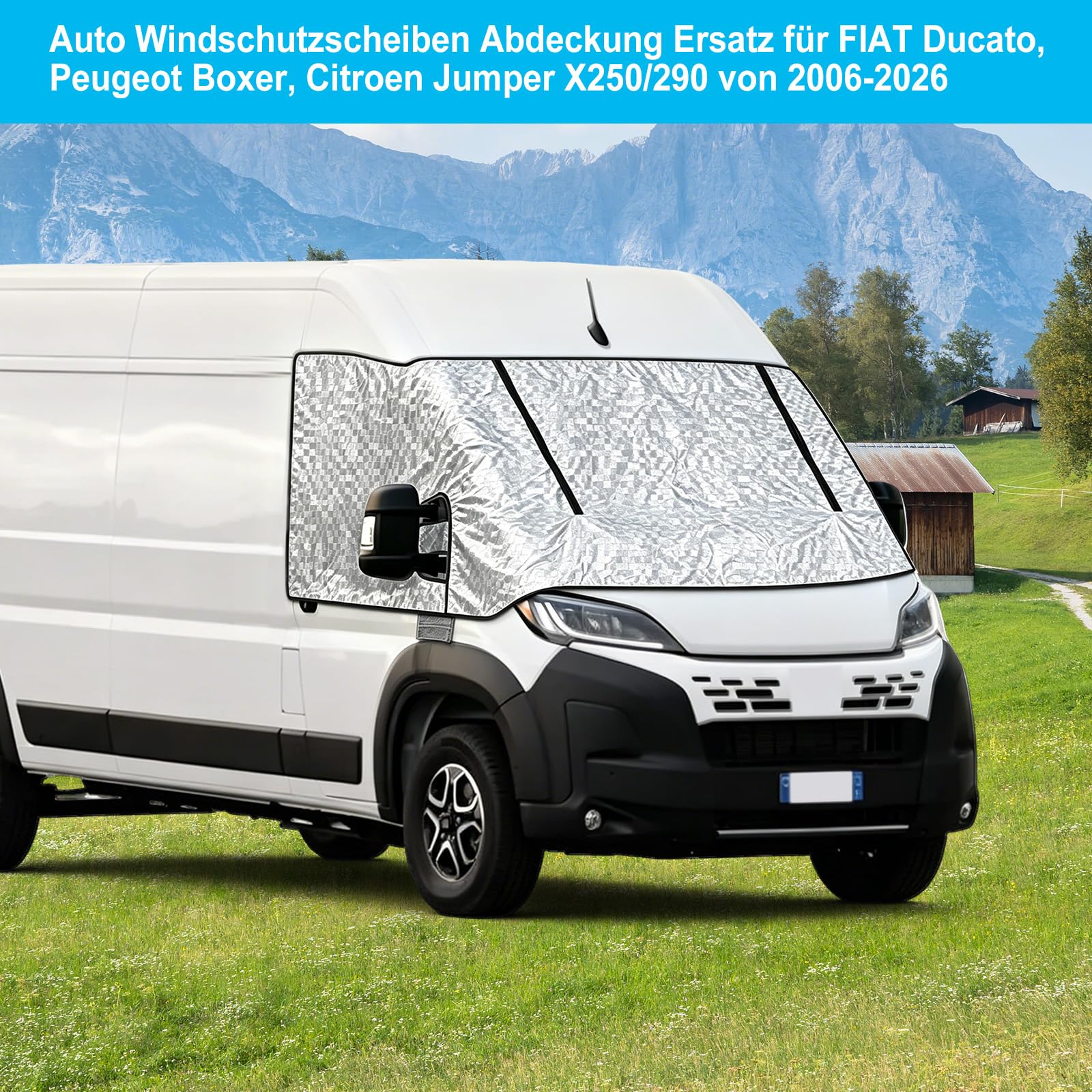 Auto Windschutzscheiben Abdeckung Ersatz für FIAT Ducato, Peugeot Boxer, Citroen Jumper X250/290 von 2006-2026, Wetterfeste Frontscheibenabdeckung Sonnenschutz mit Reißverschluss, 100% Verdunkelnd