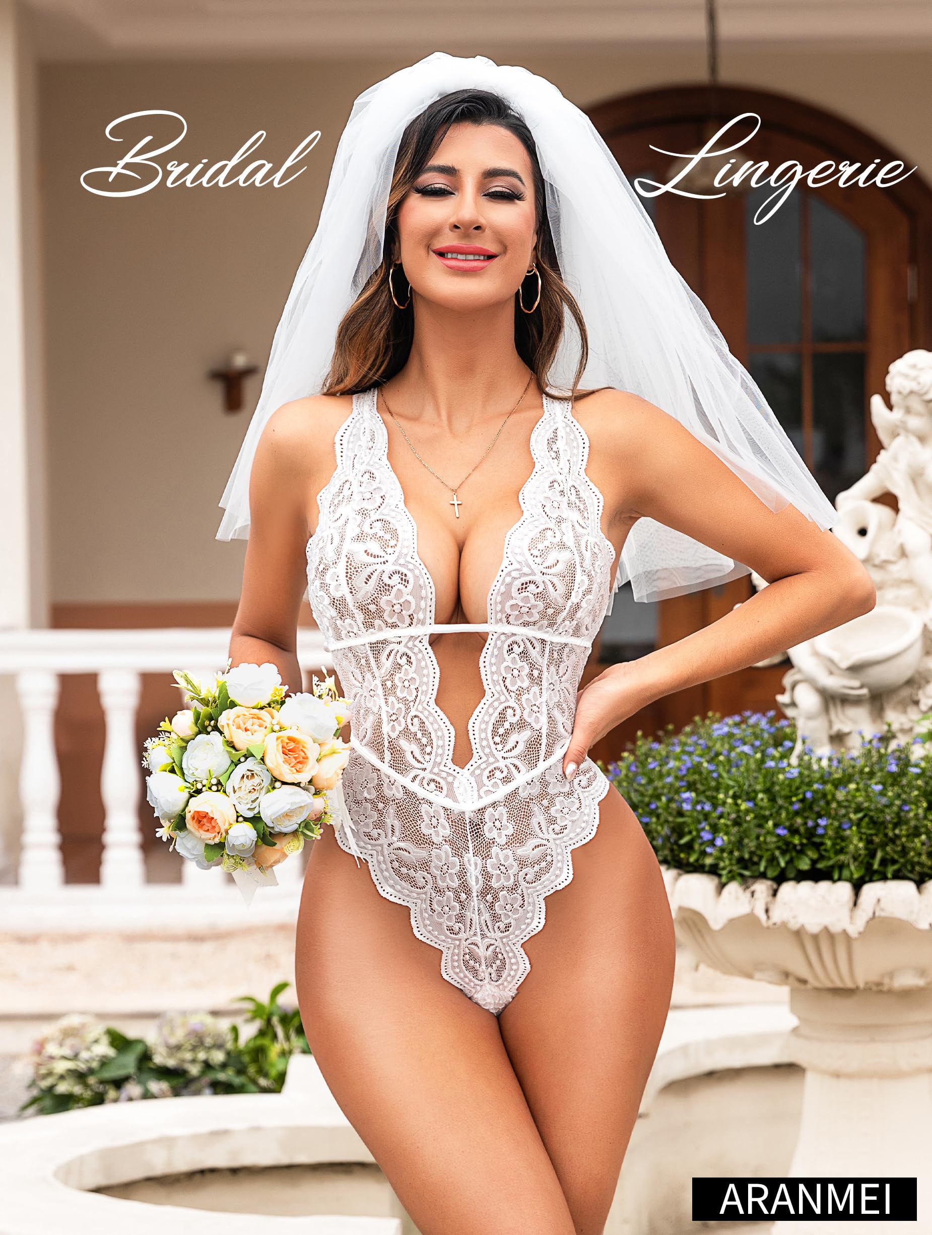 Aranmei Sexy Lingerie for Women Hollow Out Floral Lace Bodysuit One Piece Lingerie Deep V Teddy Babydoll Underwear: White Medium
