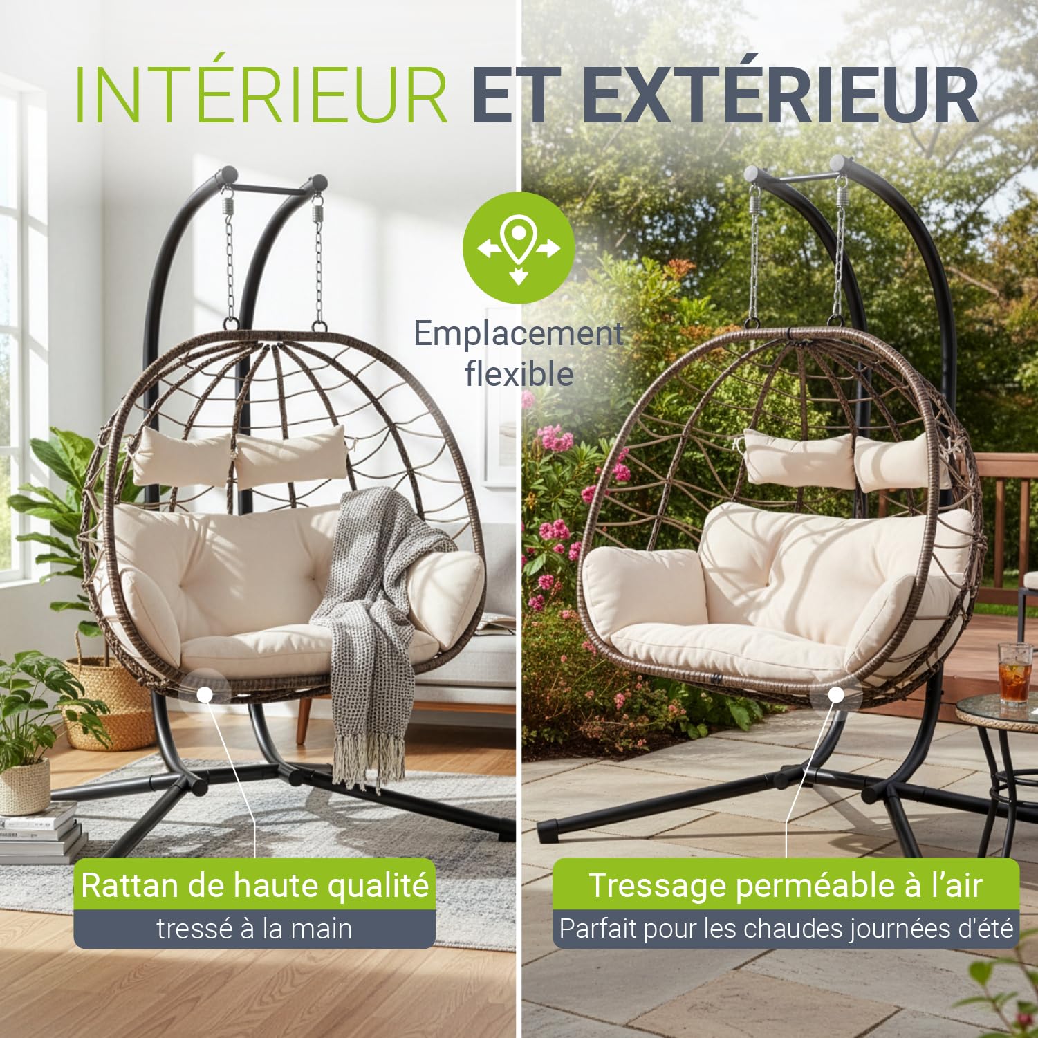 Fauteuil Suspendu Double Aria de Juskys - Fauteuil Suspendu en polyrotin avec Support & Coussins - balancelle pour Deux Personnes - Fauteuil d'extérieur/d'intérieur - Panier XXL Beige