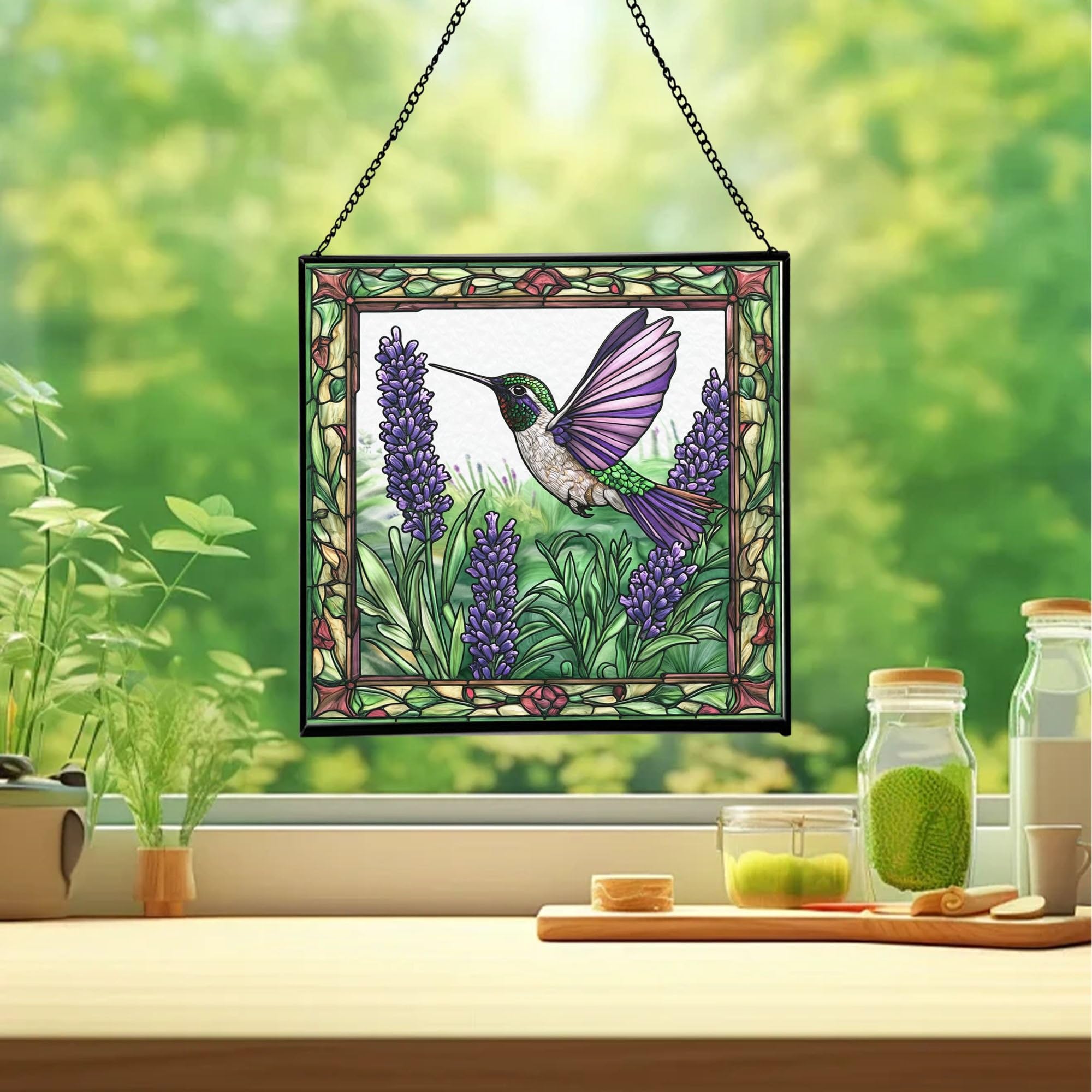 Lavender and Hummingbirds Stained Glass Panels Window Hangings Tiffany Glass Traditional Art Crafts for Home Decor Gifts 74OR13
