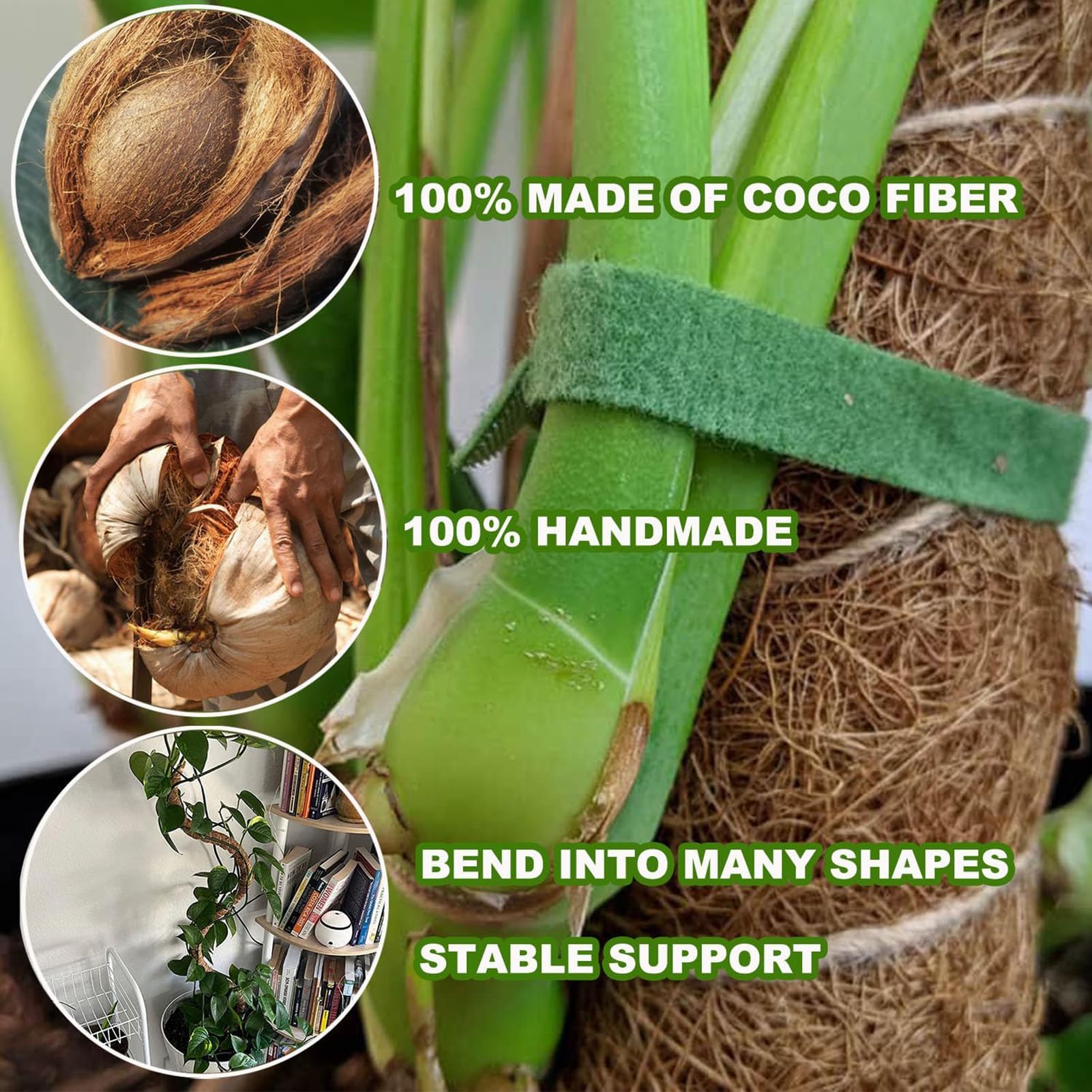 Lot de 2 piquets en mousse pour Monstera, 63,5 cm pour plantes d'intérieur flexibles, avec corde de 1,5 m, idéal pour les plantes grimpantes pour faire pousser des plantes
