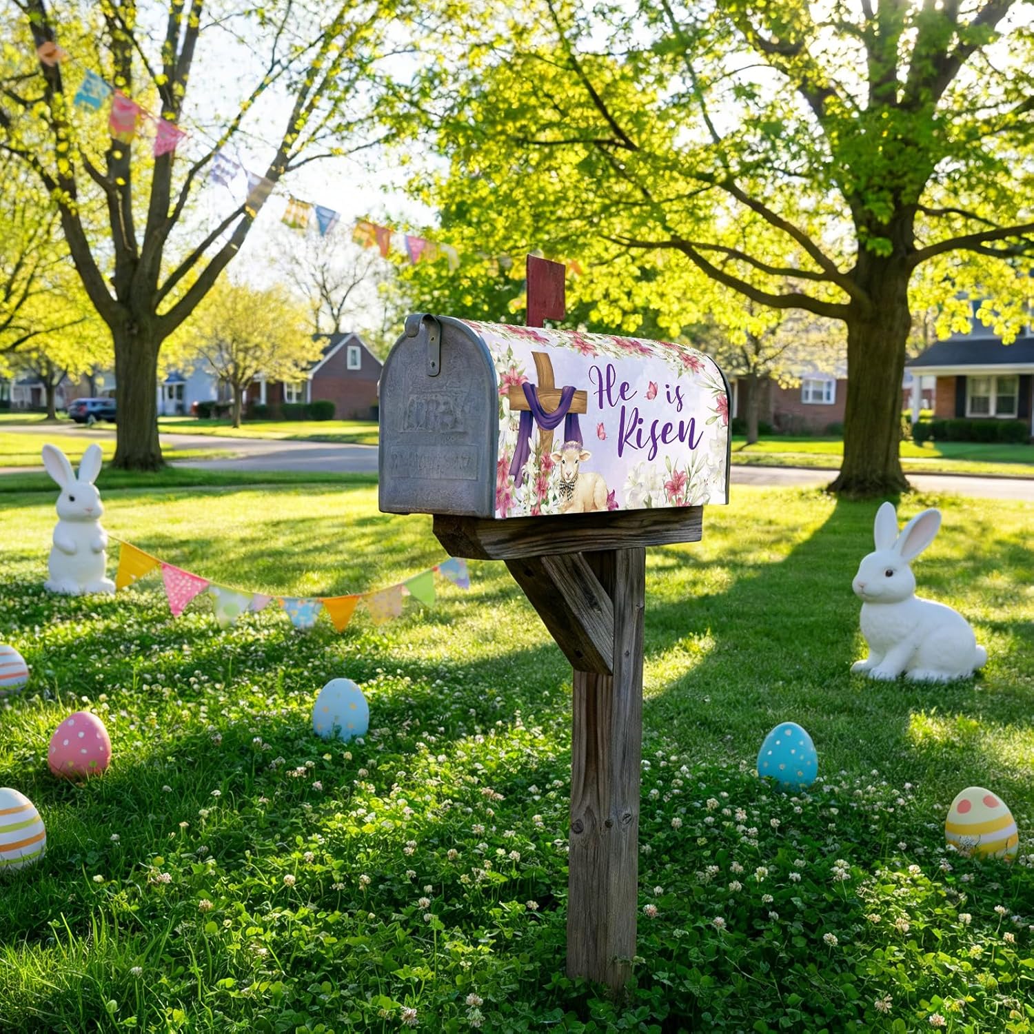 Easter Mailbox Covers Magnetic He is Risen, Christian Cross Flower Easter Mailbox Cover, Standard Size 18" X 21" Spring Lily Post Letter Box Wrap Home Yard Garden Outdoor Decoration
