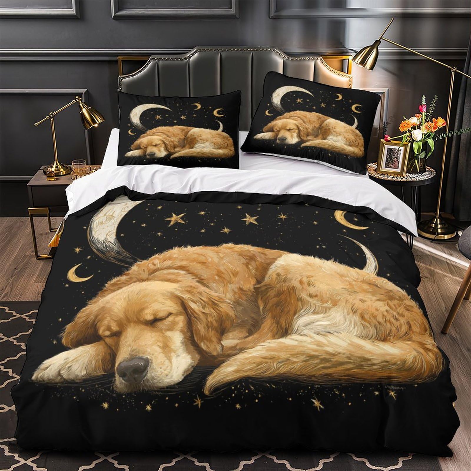 Parure de lit Golden Dog imprimé 3D lune nuit étoilée avec housse de couette single 135x200cm