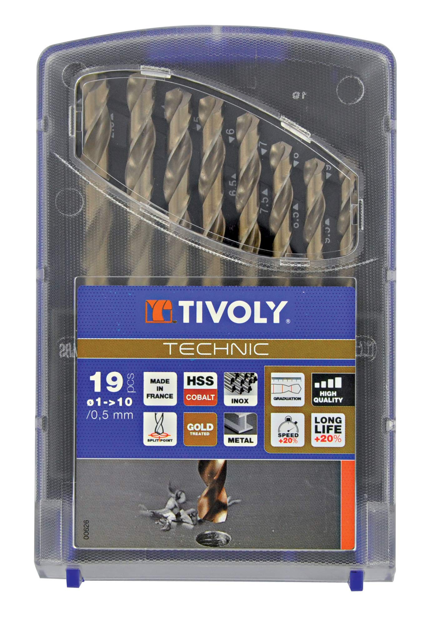 Tivoly 11468570015 T-Box typ E, 19 wierteł do metalu HSS Cobalt Technic Ø 1 do 10 mm x 0,5 mm