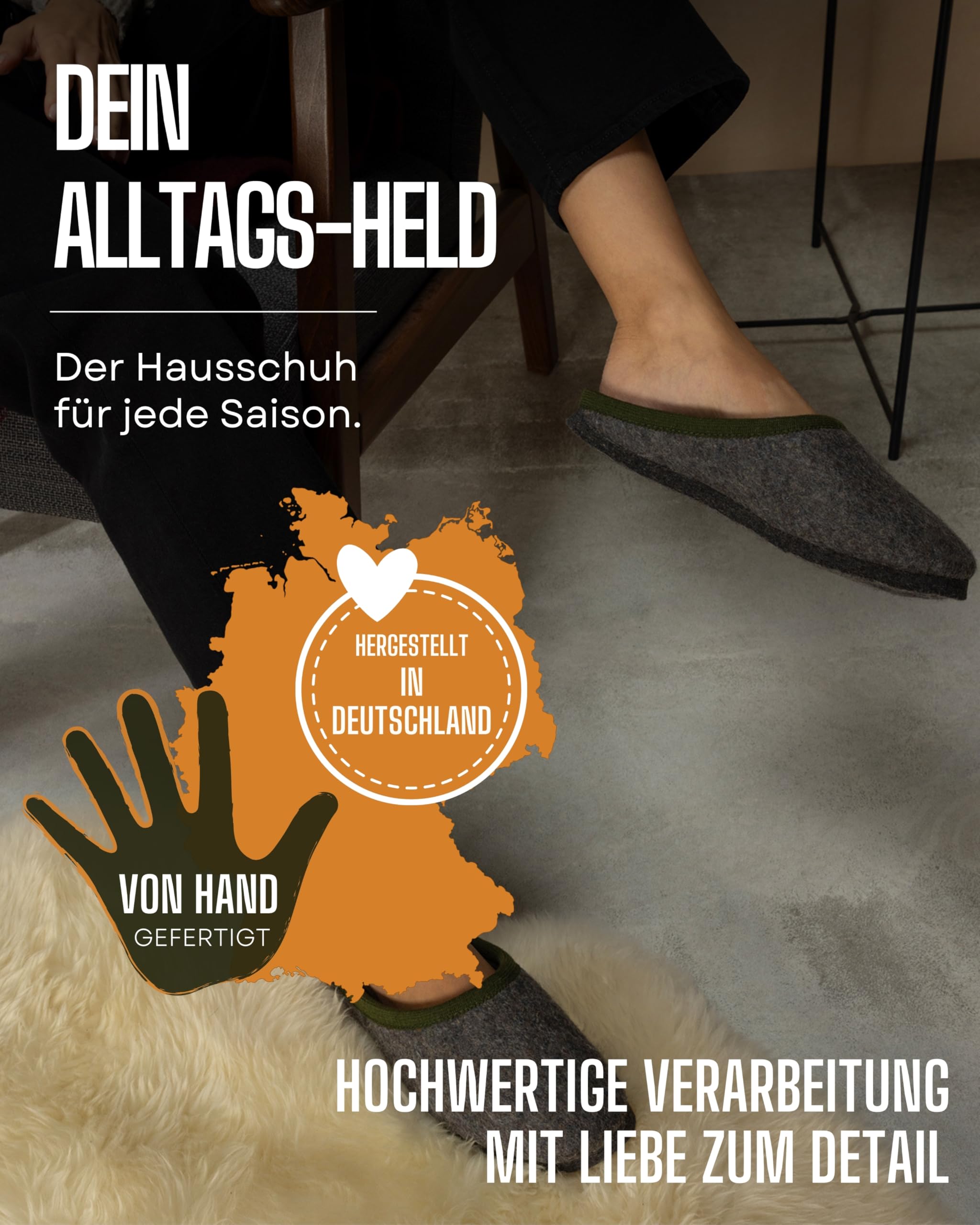 Pantoffelmann Bio-Filzpantoffeln aus 100 % Wollfilz I Grau I Größen 36–51 I Atmungsaktive & bequeme Hausschuhe mit dicker Filzsohle I Stilvolle & warme Filzhausschuhe für Damen & Herren