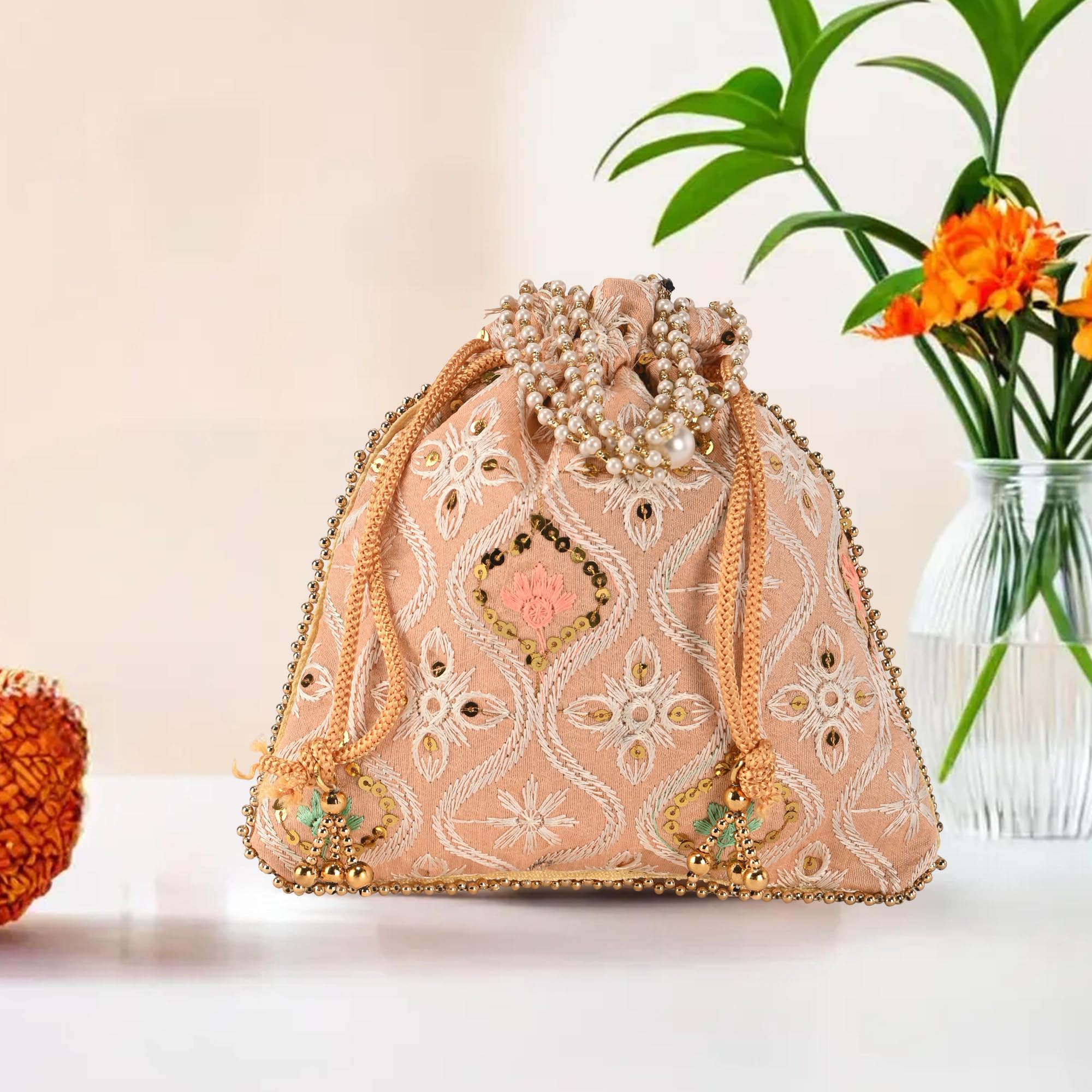Kuber Industries Embroidery Potli Bags for Women with Pearl Handle & Drawstring | Indian Ethnic Potli Bags for Ladies for Wedding | Wrist Handbag Purse Batwa | Lakhnavi Print - Peach