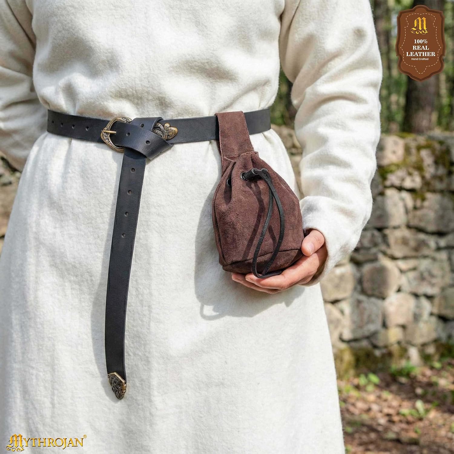 Mythrojan Drawstring Belt Pouch Medieval Suede Purse Renaissance Bag LARP Coin Pouch Cosplay Costume Accessories for Medieval Events, Reenactments, Renfair - Chocolate Brown, 5" x 6" - Image 3
