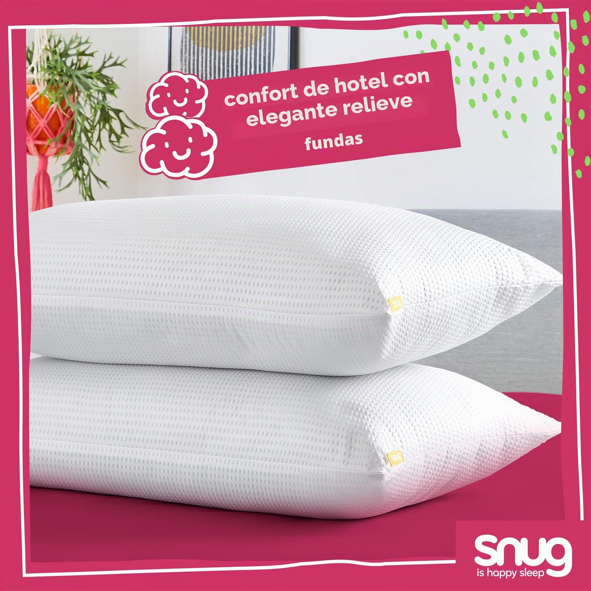 Snug Blissful - Juego de 2 Almohadas de Calidad de Hotel de Lujo, Soporte Medio para Personas Que Duermen de Frente, Espalda y de Lado, ecológicas, hipoalergénicas y Lavables a máquina, Paquete de 2