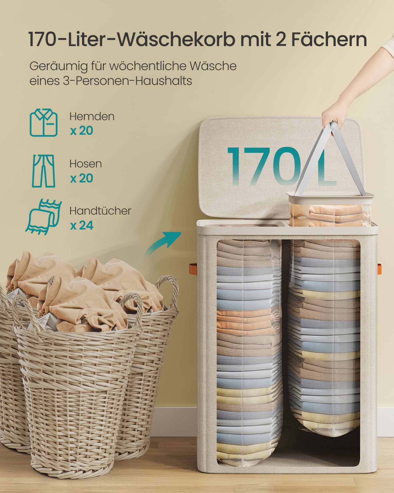 SONGMICS Wäschekorb, 170 L Wäschesammler 2 Fächer, Wäschesortierer, Leichter Aufbau, mit Deckel und Griffen, herausnehmbarer Wäschesack, 56 x 40 x 75 cm, cappuccinobeige LCB813L01