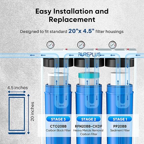 Miniatura 7 de PUREPLUS Kit combinado de cartucho de filtro de agua de 3 etapas para toda la casa de 4.5 x 20 pulgadas con sedimento, KDF y carbón activado