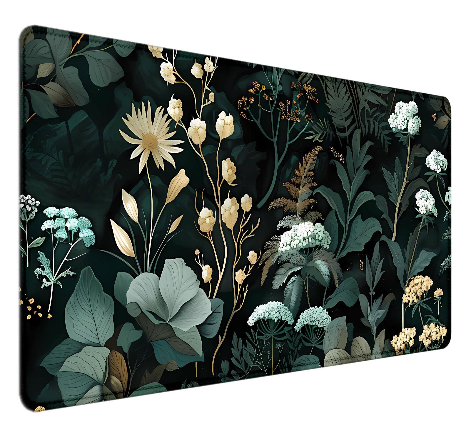 HUOCAIREN Green Floral Desk Mat, Black Aesthetic XXL Mouse Pads, Black Desktop Mat, Green Plant Large Cute Mousepad, Office Desk Accessories Gifts — image 1