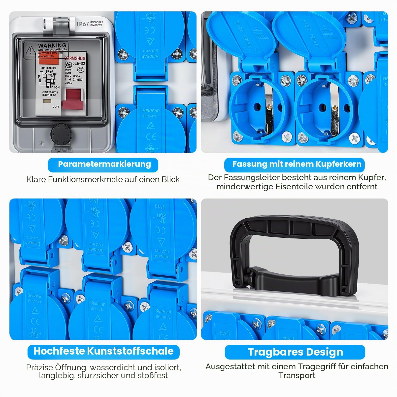 Baustromverteiler 16A IP67 Stromverteiler mit 6-Fach Schuko-Steckdose & FI-Schalter 30mA, 230V Stromverteilerkasten für Baustelle Outdoor Garten, Wasserdichter Wandverteiler mit Leitungsschutzschalter