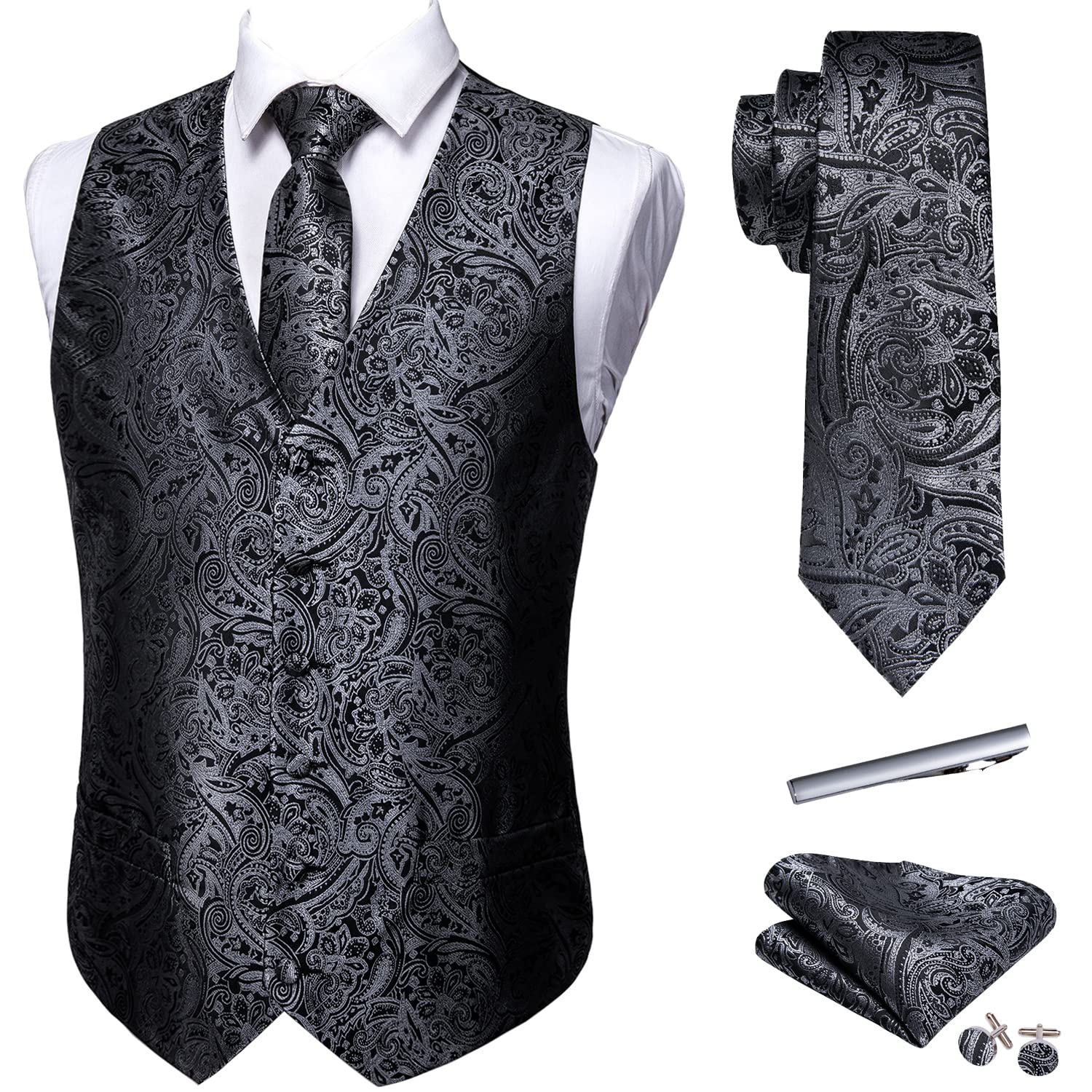 Barry.Wang Mens Suit Vest Floral Silk Waistcoat Ties Formal/Leisure 5PCS