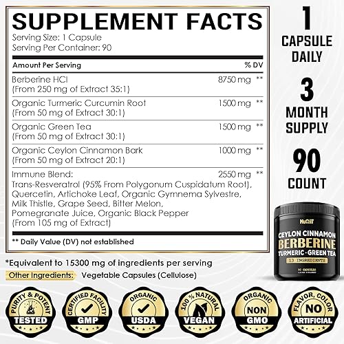 Miniatura 7 de Suplemento de berberina, 8750 mg de cúrcuma, curcumina, 1500 mg, té verde, 1500 mg y más, apoya la salud del corazón, el manejo del cuerpo y el