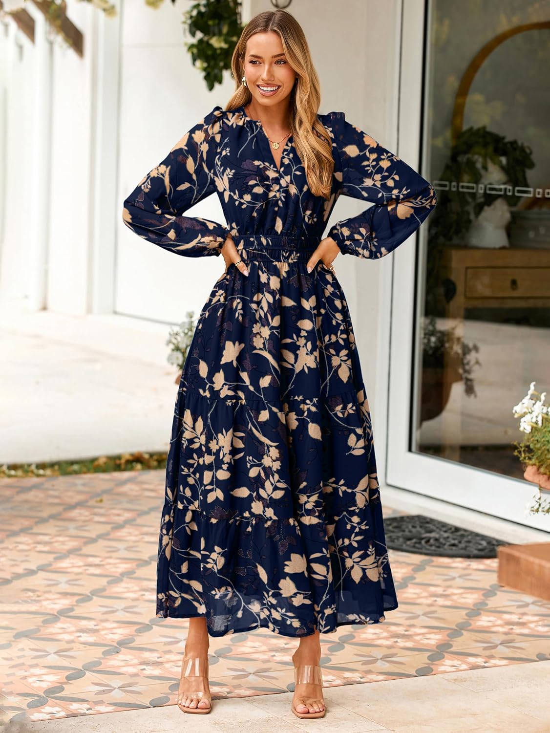 Simplee Women's Floral Boho Long Sleeve Maxi Dress V Neck Empire Waist Swing Flowy Wedding Guest Dress - Image 2