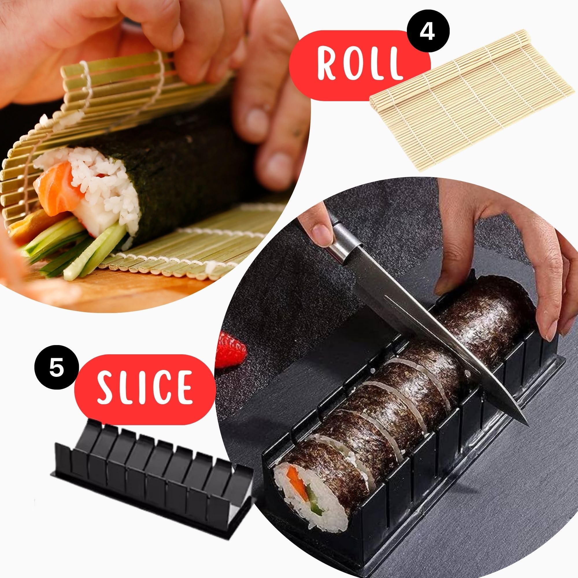 Kit sushi complet - Sushi maker - Appareil pour fabrication sushi - Coffret avec natte en bambou, couteau japonais, moule onigiri, moule sushi, moule maki - Idée cadeau homme femme