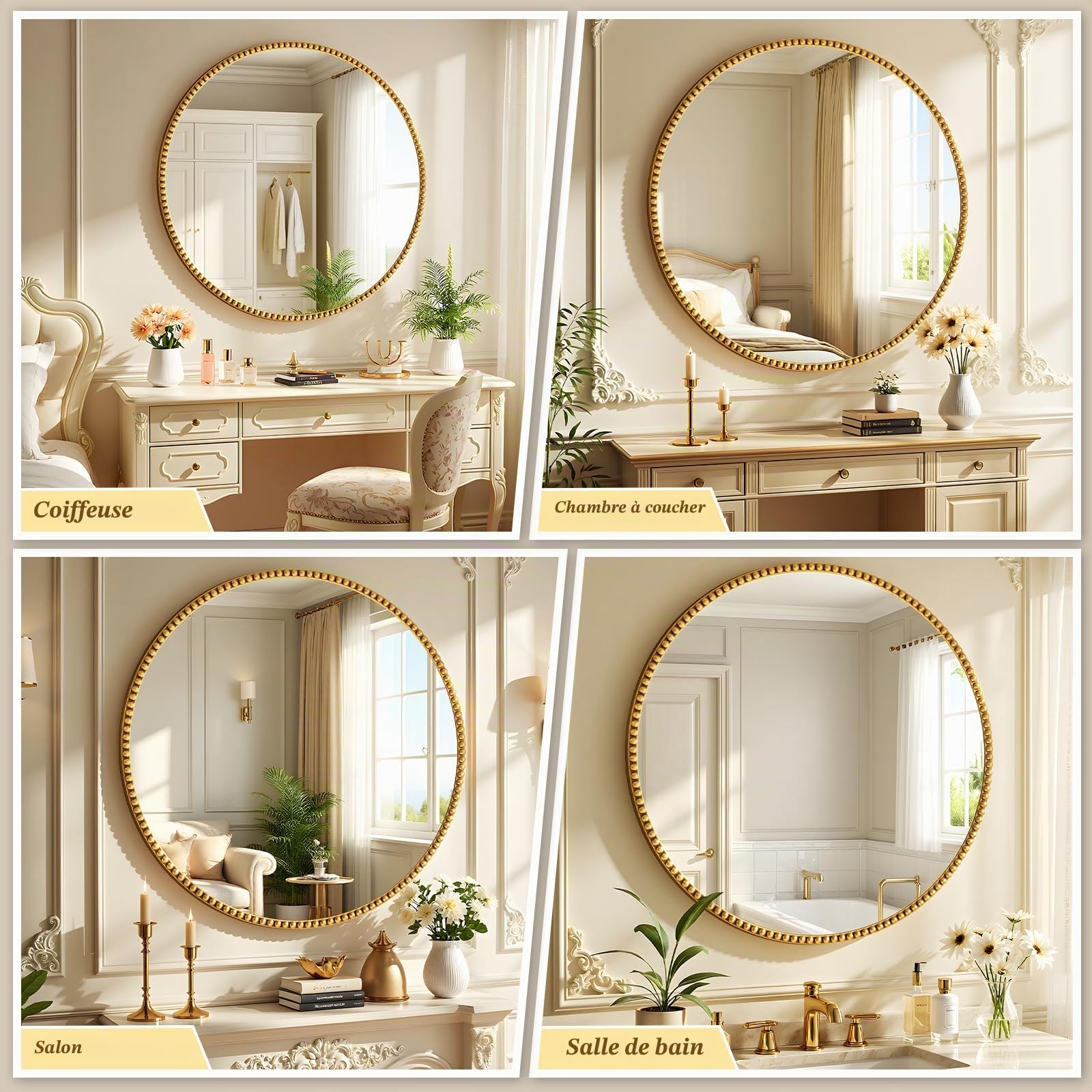 Koonmi Miroir mural rond 70 cm Petit cadre de perles en verre trempé Convient pour chambre à coucher, salle de bain, etc., Doré