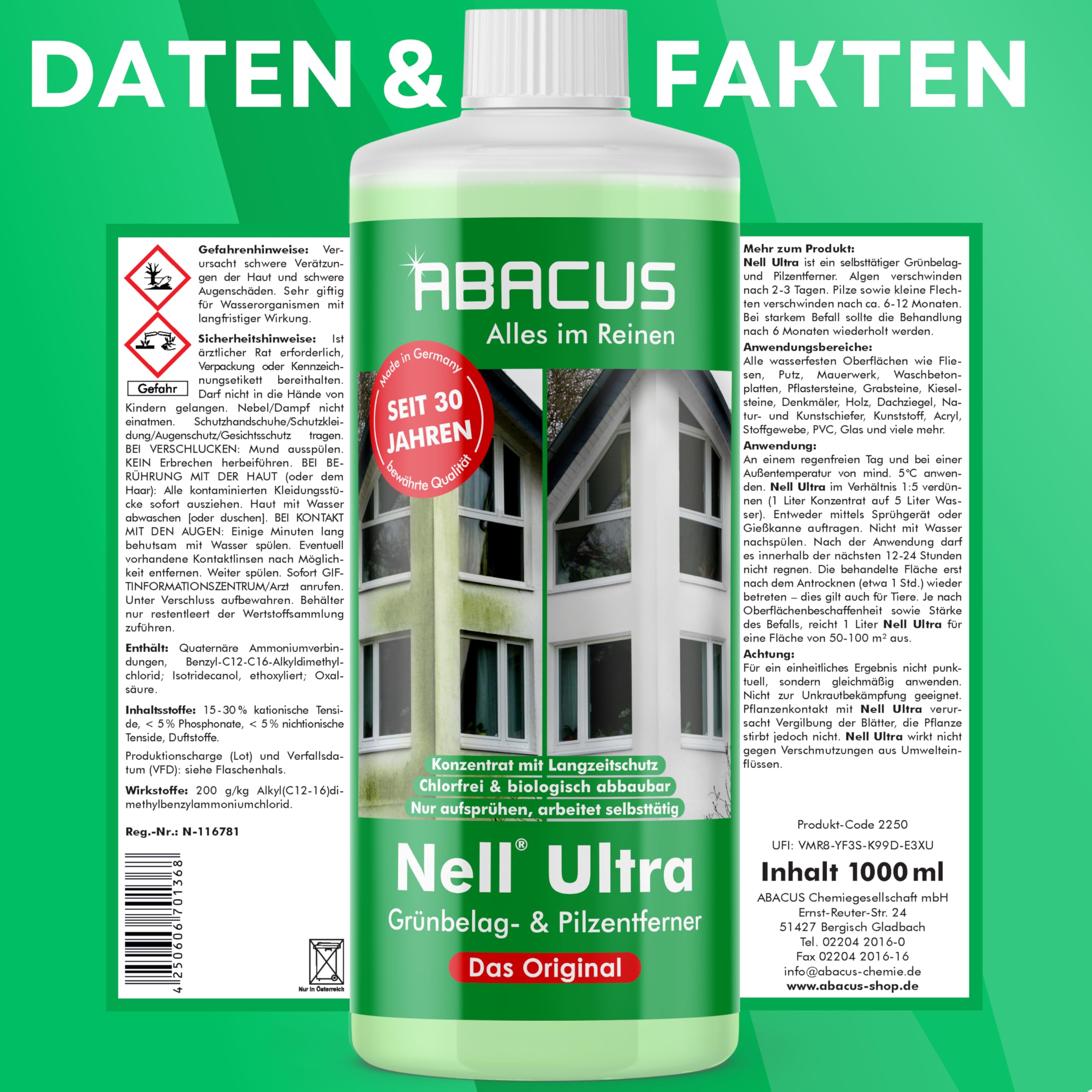 ABACUS® Nell Ultra® Grünbelagentferner 4L + Steinreiniger Extrem 2L | Entfernt Grünbelag & Algen mit selbsttätig! | Algenentferner, Pilzentferner, Flechtenentferner, Steinreiniger, Terrassenreiniger