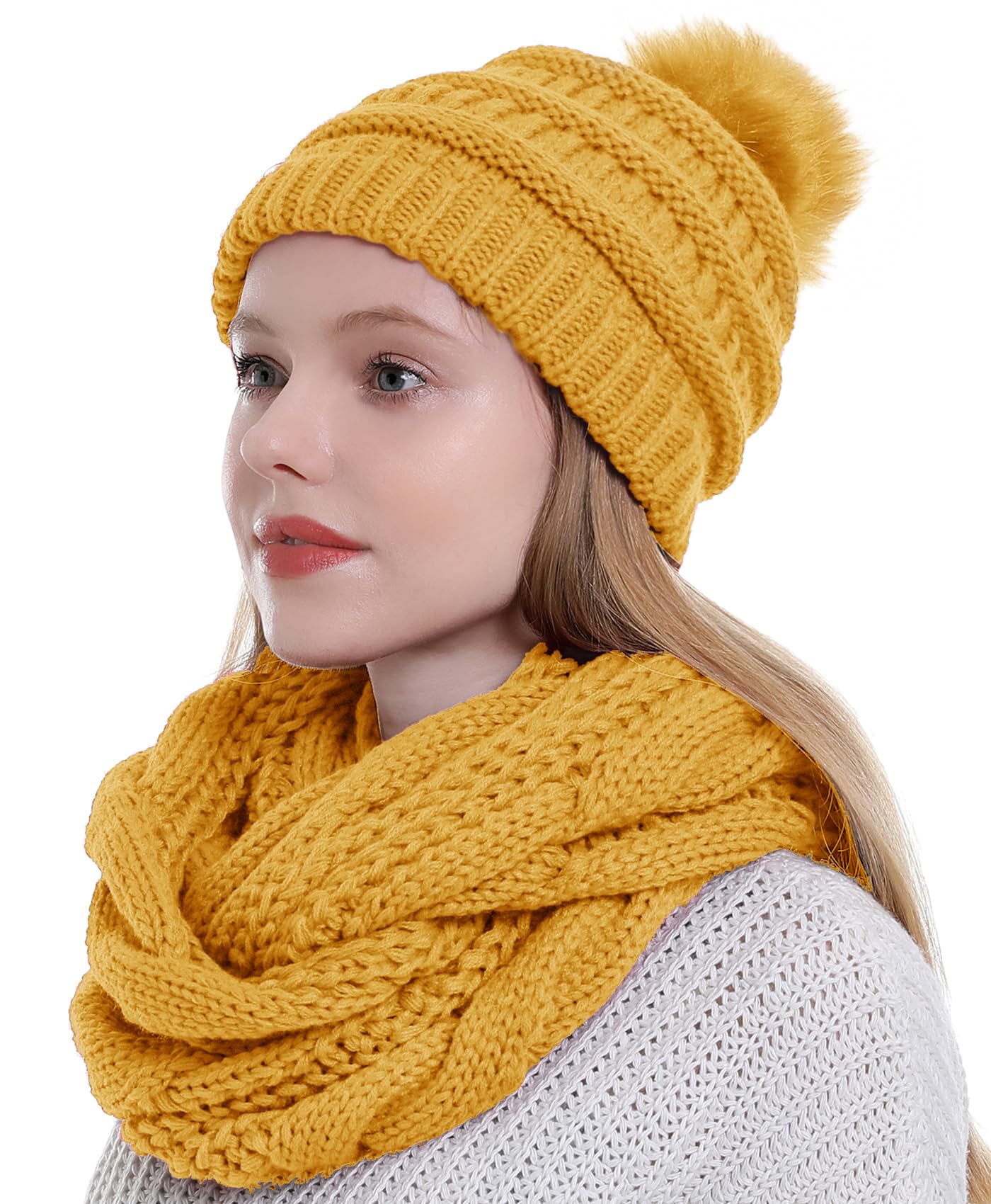 Double Couple Winter Scarf and Hat Set for Women Thick Cable Knitted Circle Loop Infinity Scarfs and Warm